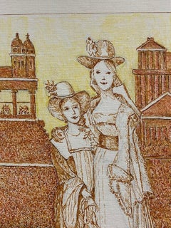 Classical French Figures in City -1950's French Modernist Cubist Painting Signed