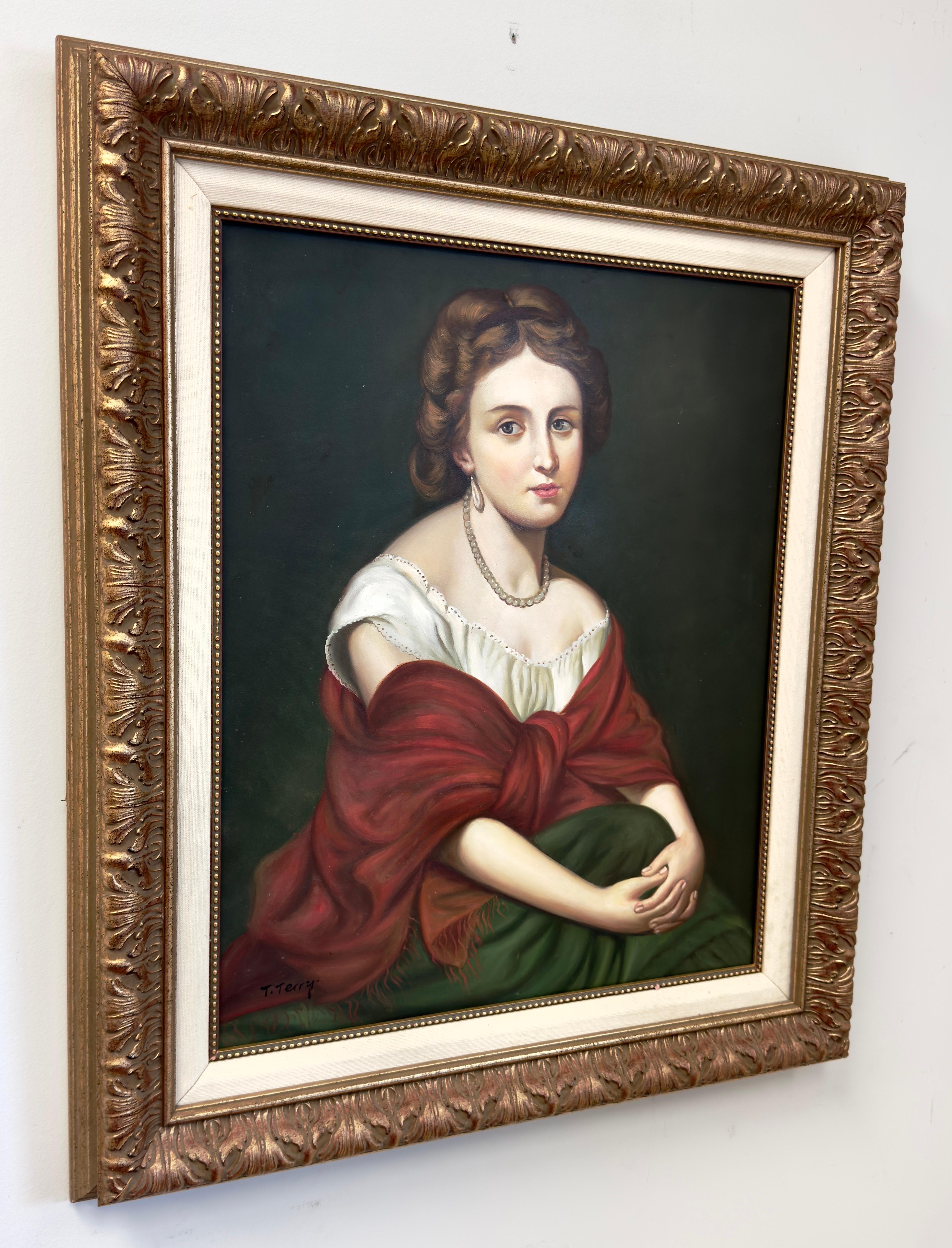 Ritratto classico di una giovane donna Olio su tela, firmato e incorniciato - Portrait Painting Nero di Unknown