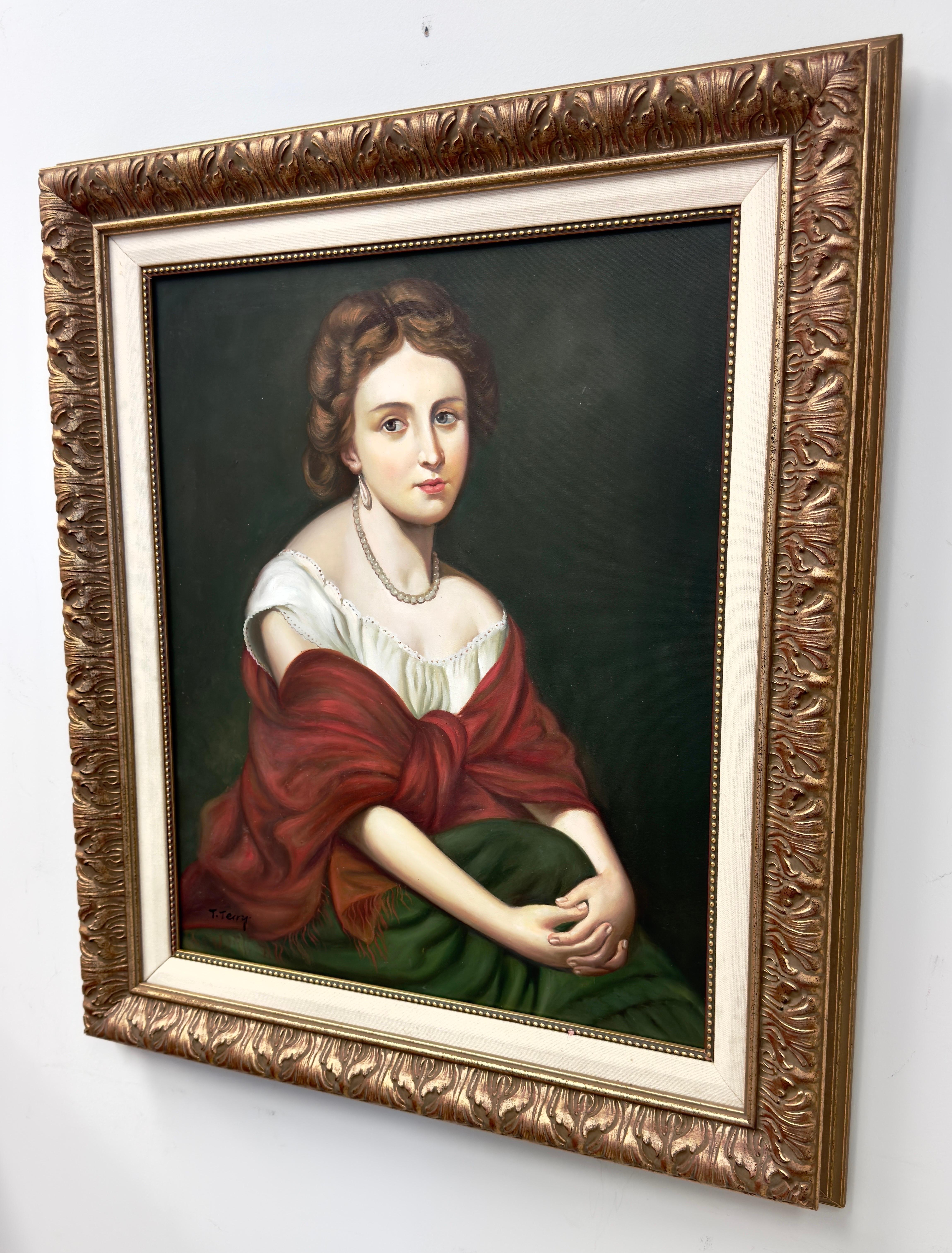  Un ritratto classico di una giovane donna che emana eleganza e compostezza. Il soggetto è seduto e guarda direttamente lo spettatore con un'espressione calma e composta. Il suo abbigliamento e il suo atteggiamento suggeriscono un'ambientazione di