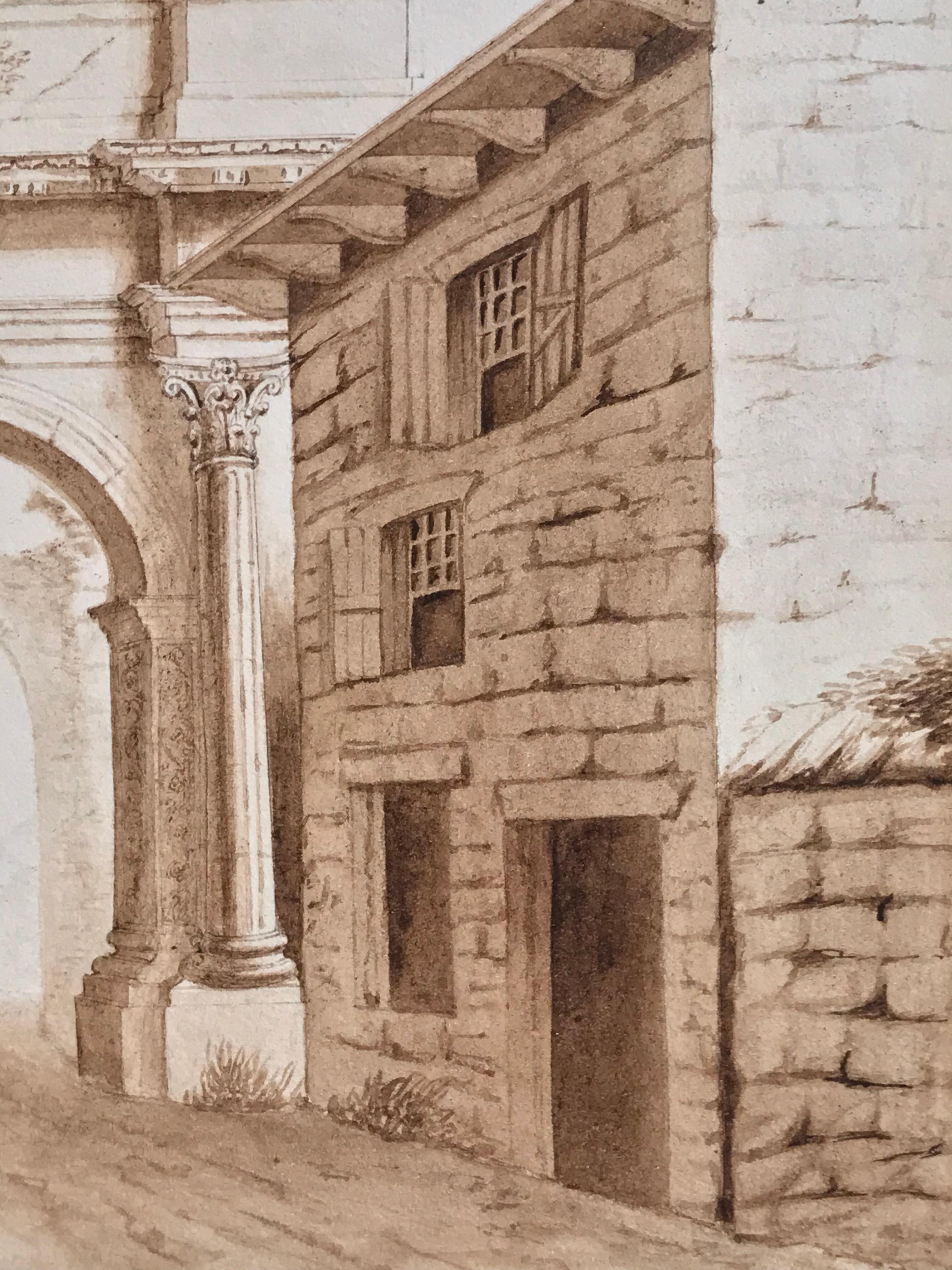 Classical Roman Ruins, c. 1840 drawing - Old Masters Painting by Unknown