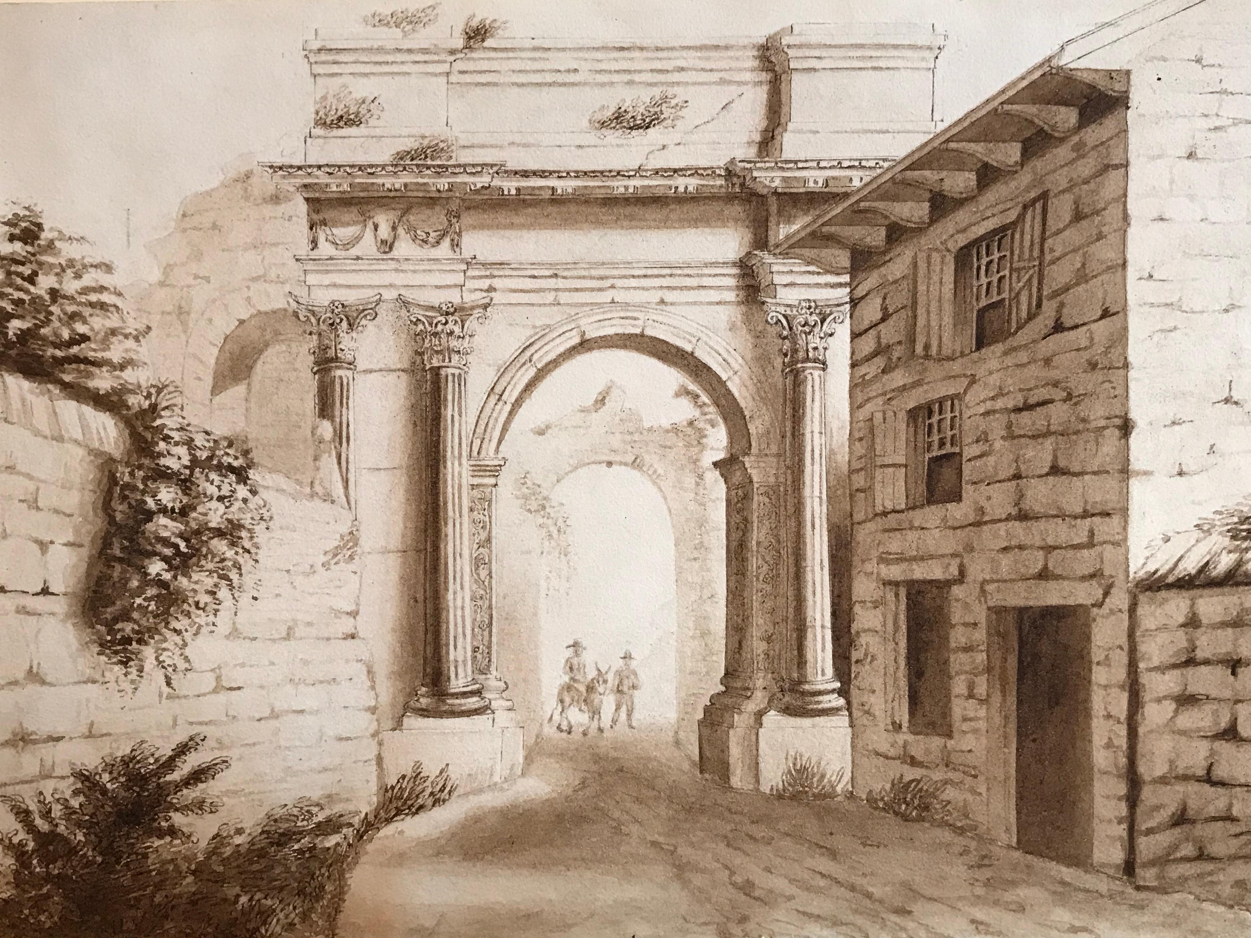 Unknown Landscape Painting - Classical Roman Ruins, c. 1840 drawing