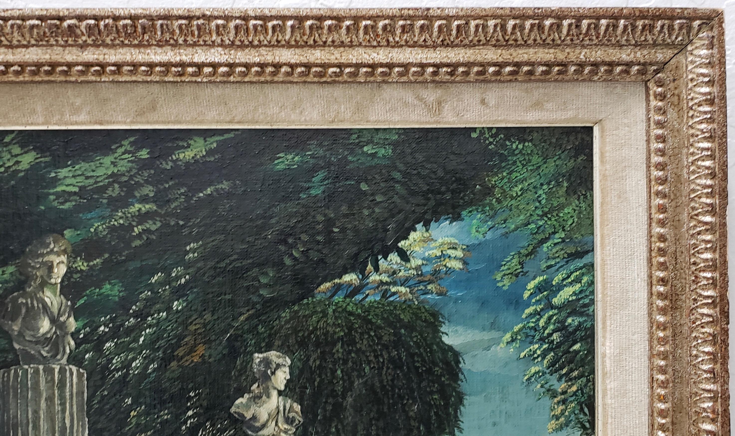 Classical Sculptures Overlooking a Lush Country Landscape Oil Painting c.1950s

Fantastic original oil painting with a surreal touch. The foreground shows the sculptures atop doric columns overlooking a country farmland landscape. At the ledge of