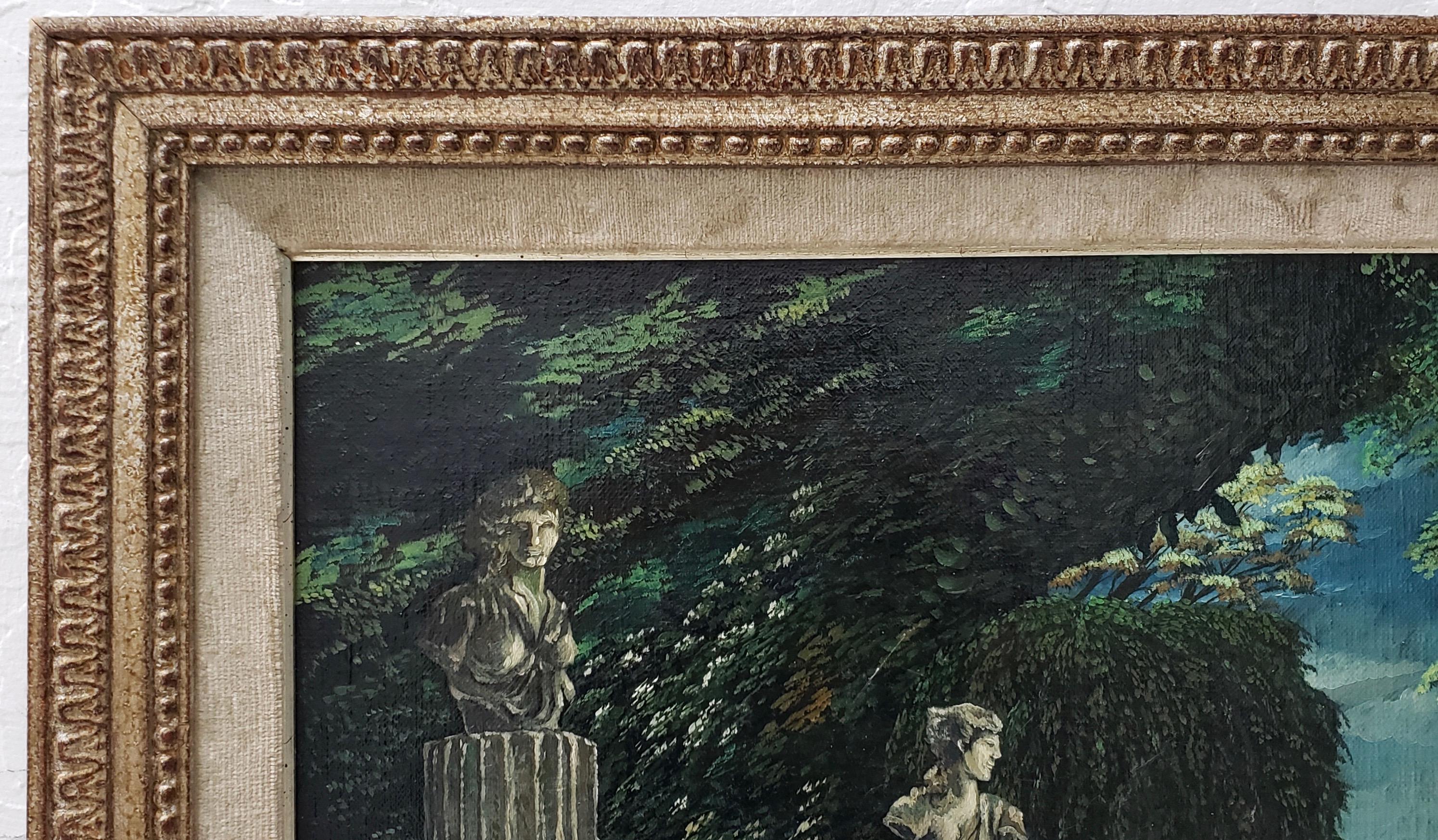 Classical Sculptures Overlooking a Lush Country Landscape Oil Painting c.1950s For Sale 1