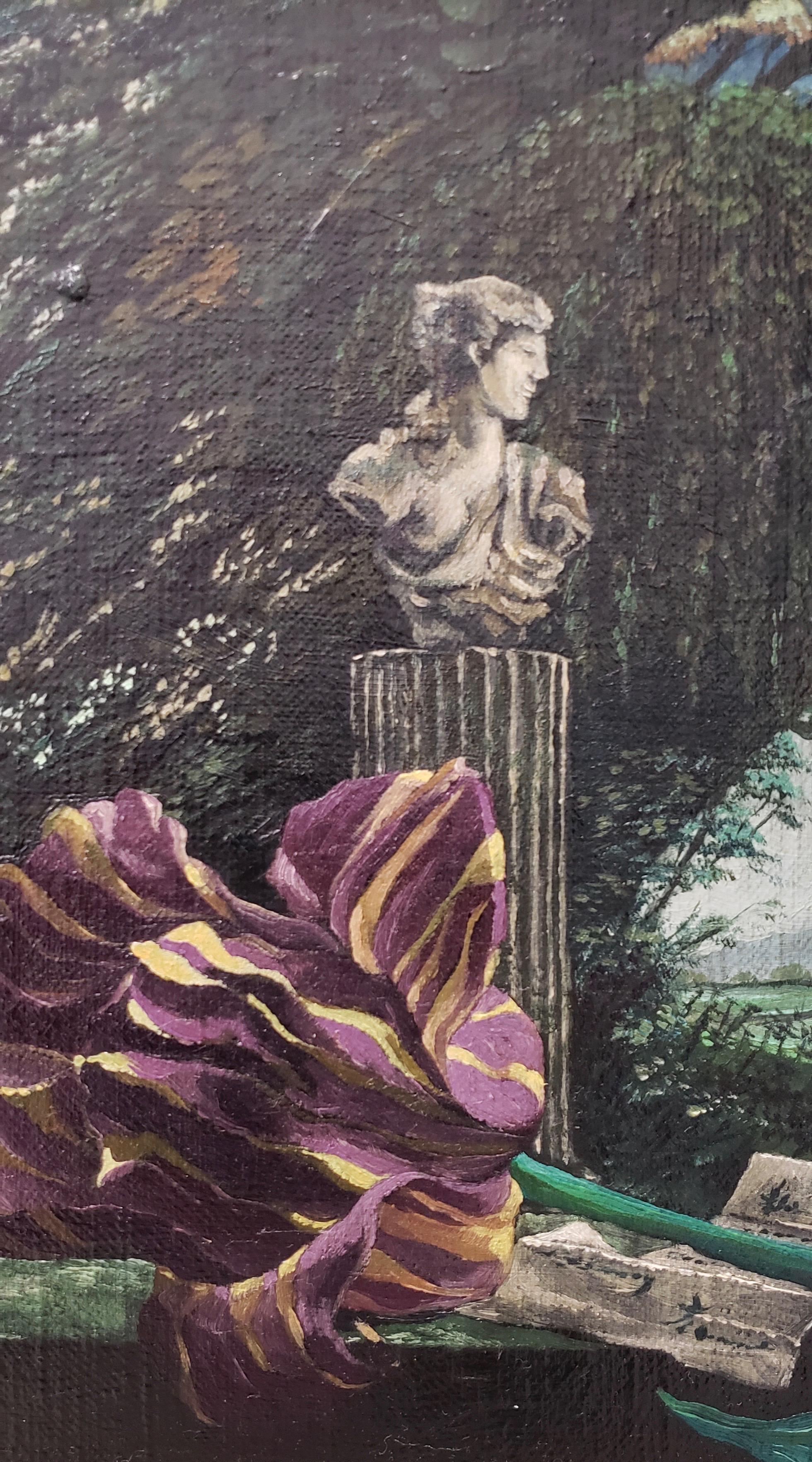 Classical Sculptures Overlooking a Lush Country Landscape Oil Painting c.1950s For Sale 3