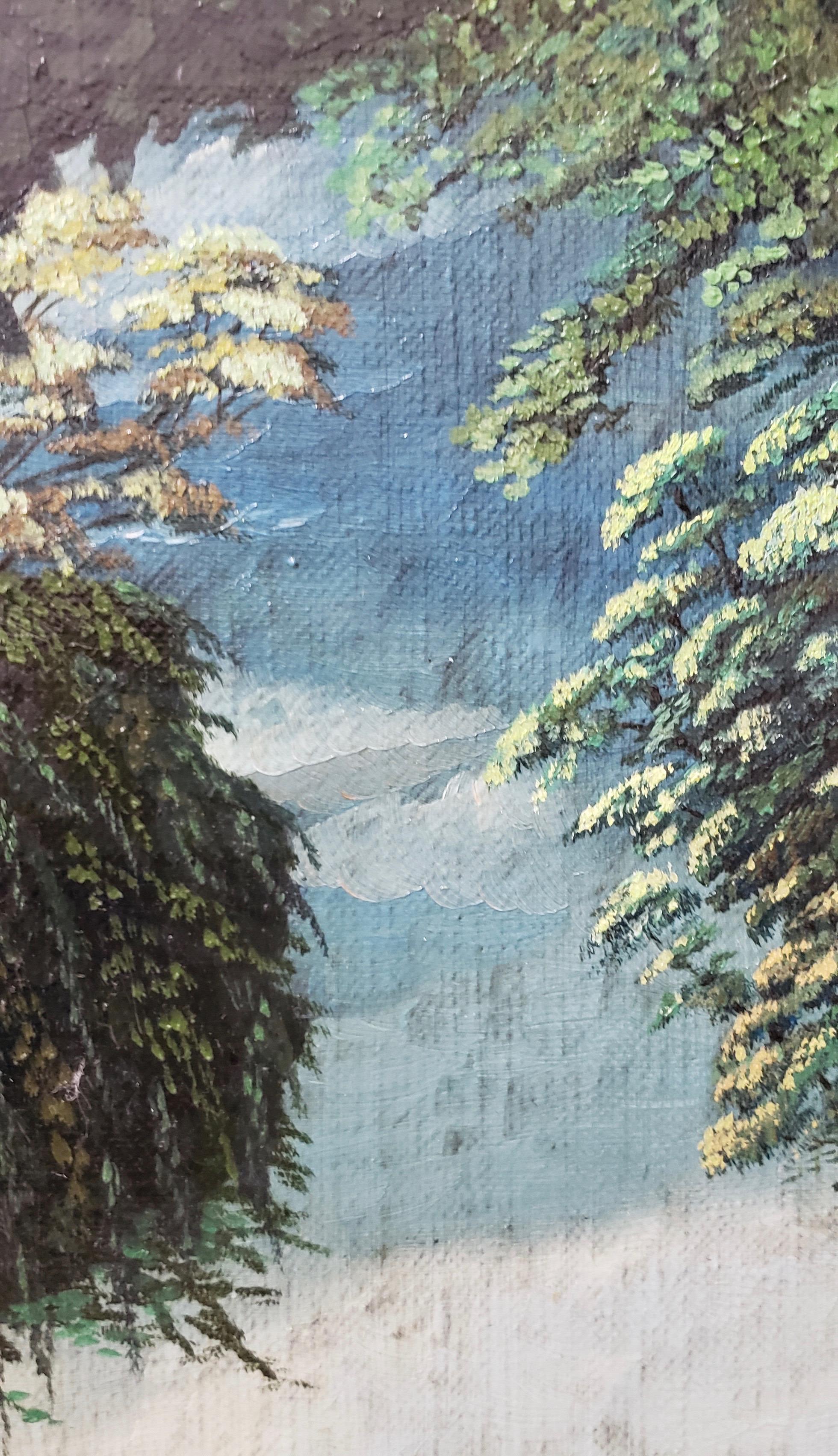 Classical Sculptures Overlooking a Lush Country Landscape Oil Painting c.1950s For Sale 4