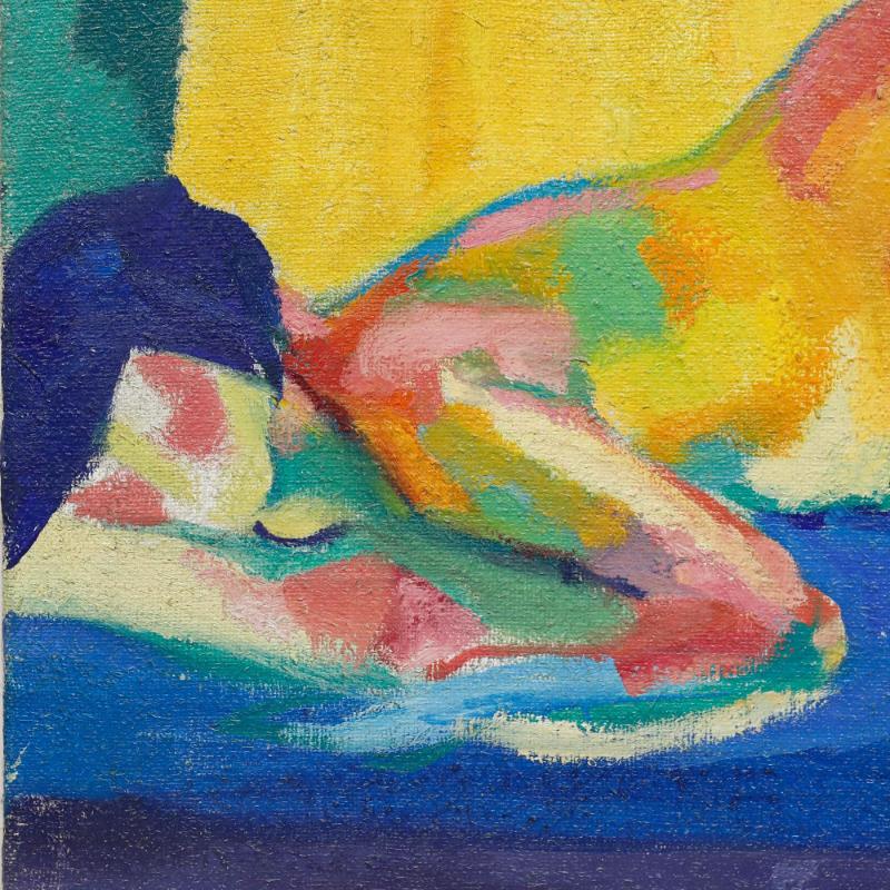 Eine lebendige Lebensstudie aus dem 20. Jahrhundert, die ein auf einem Bett liegendes Aktmodell zeigt. Mit sicheren Pinselstrichen und einem scharfen Auge für Farben. Verso auf dem Keilrahmen signiert. Auf Leinwand auf Keilrahmen. Bildgröße: 46 x 65