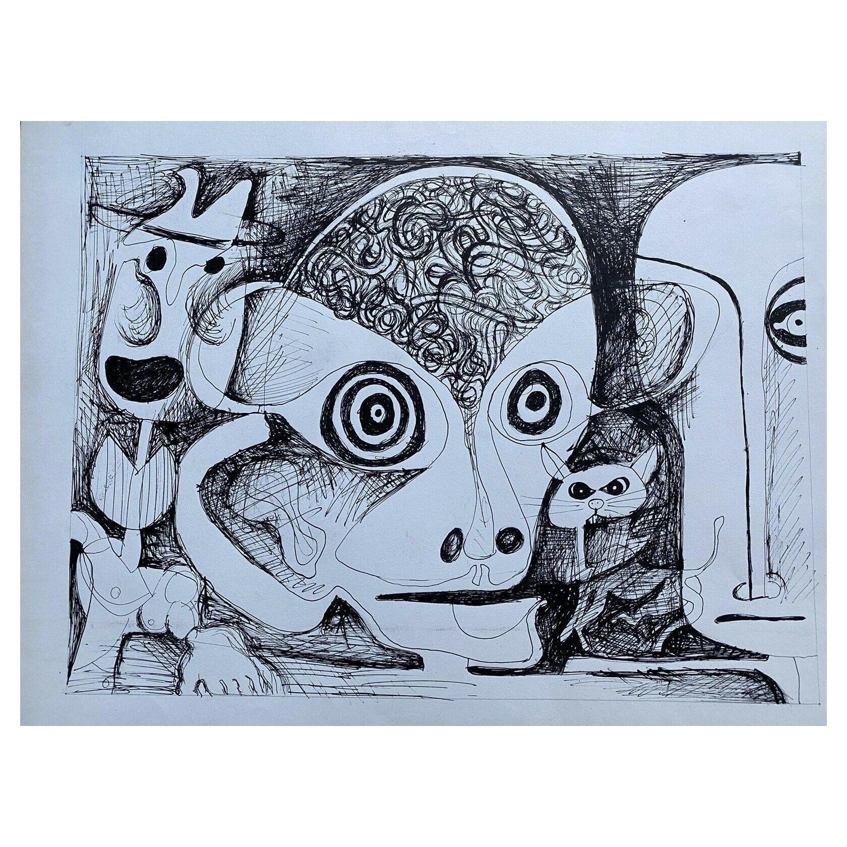 Claude Lagouche Orignal 1970's Französisch psychedelischen abstrakte Zeichnung