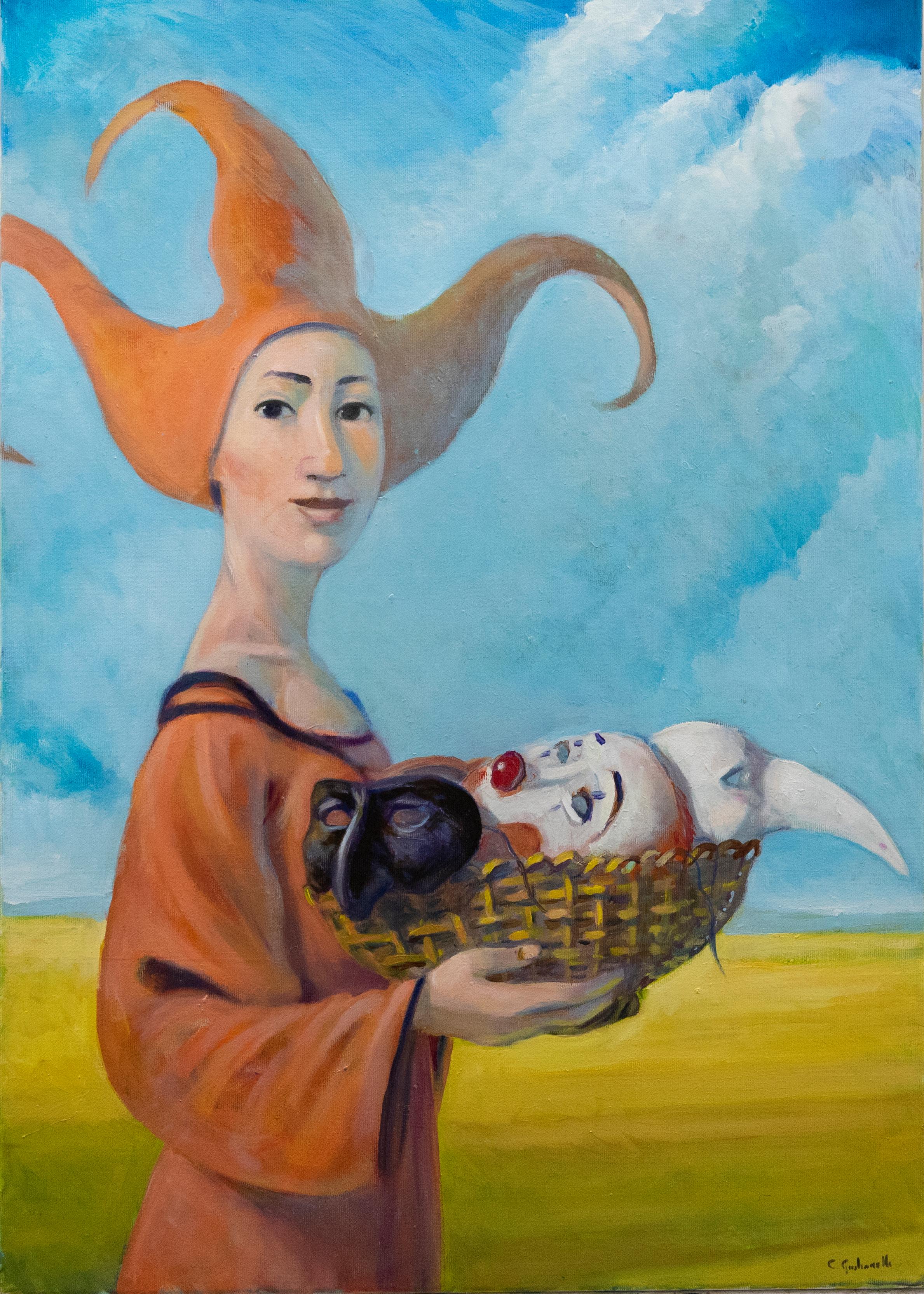 Claudio Giulianelli (nato nel 1956) - Olio contemporaneo, Grande Venditrice di Maschere - Painting di Unknown
