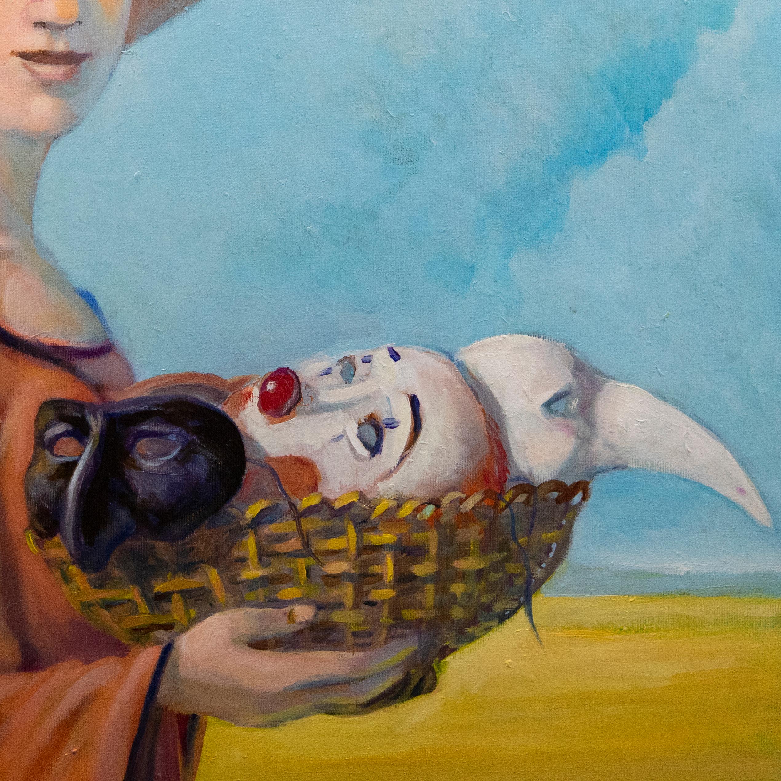Claudio Giulianelli (nato nel 1956) - Olio contemporaneo, Grande Venditrice di Maschere - Figurative Painting Blu di Unknown