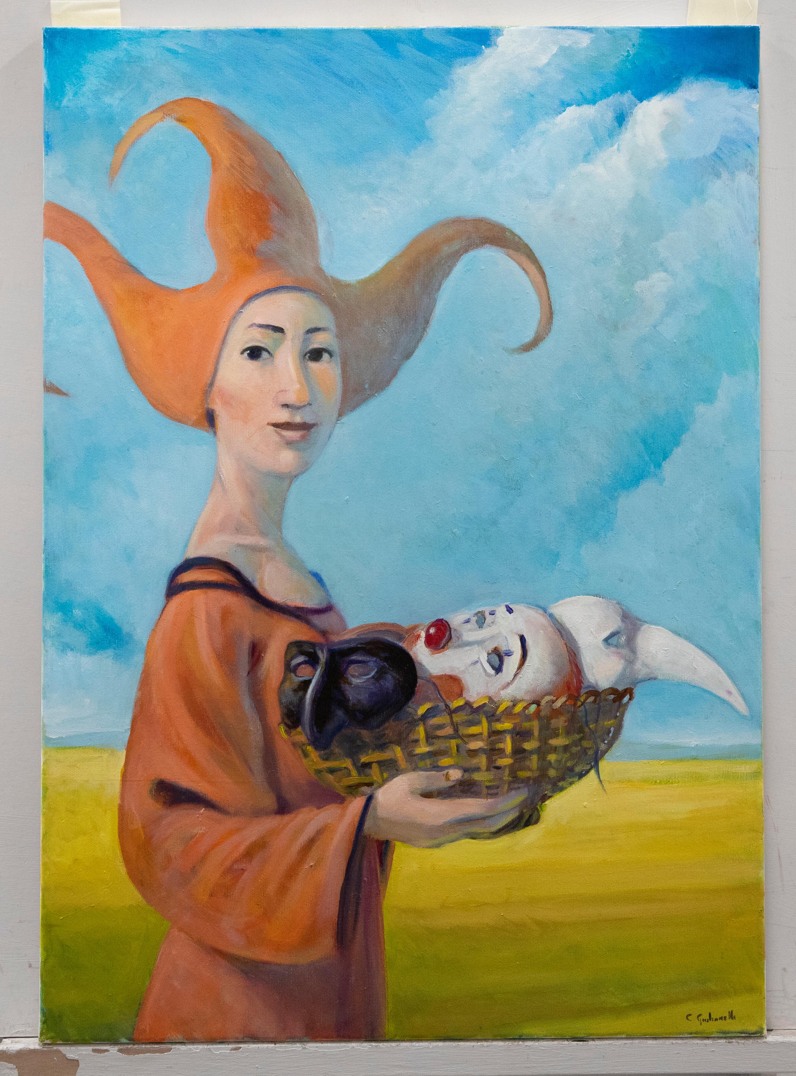 Figurative Painting di Unknown - Claudio Giulianelli (nato nel 1956) - Olio contemporaneo, Grande Venditrice di Maschere