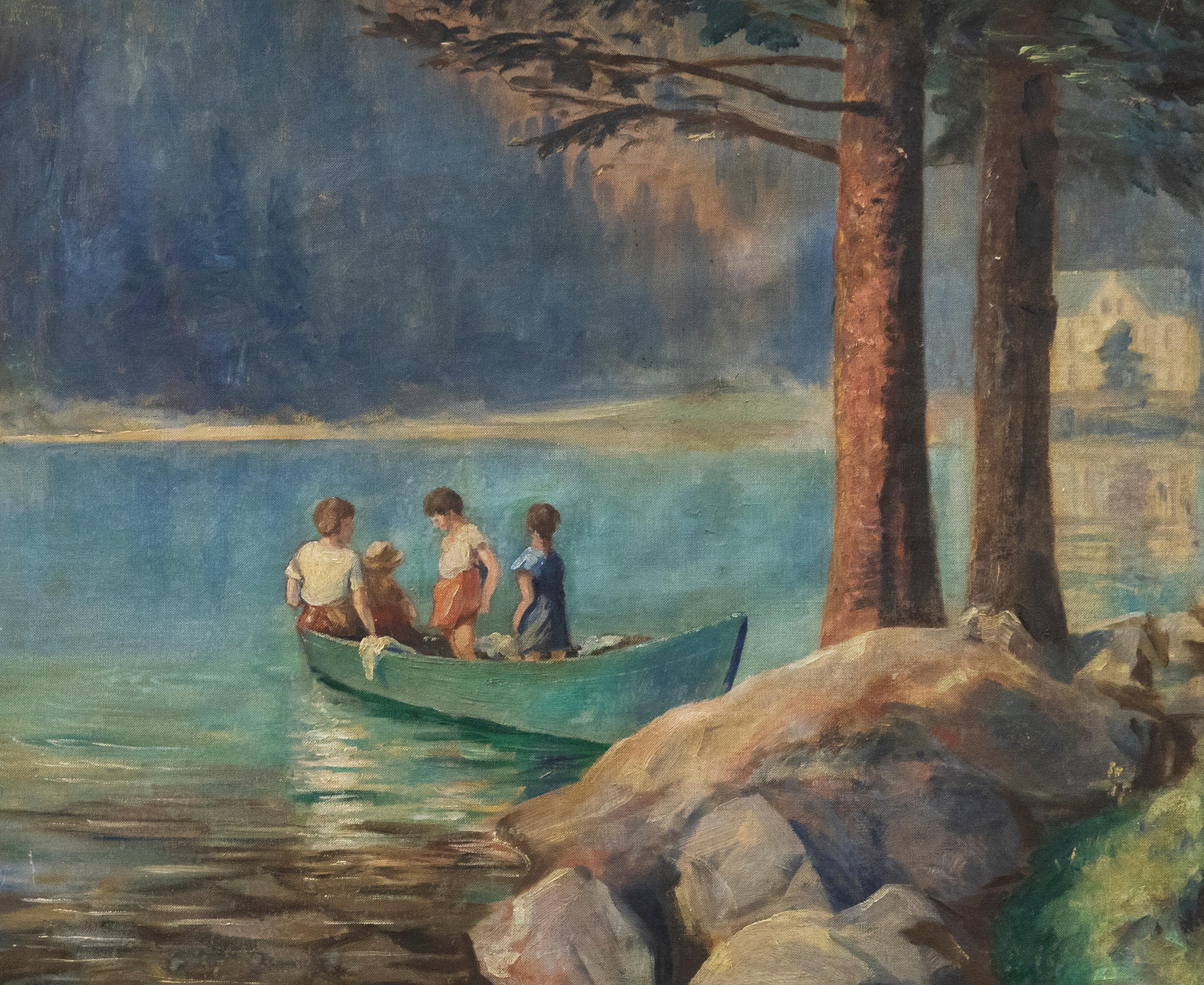 Clement du Pontet - French  Mid 20th Century Oil, Children Boating on a Lake - Painting by Unknown