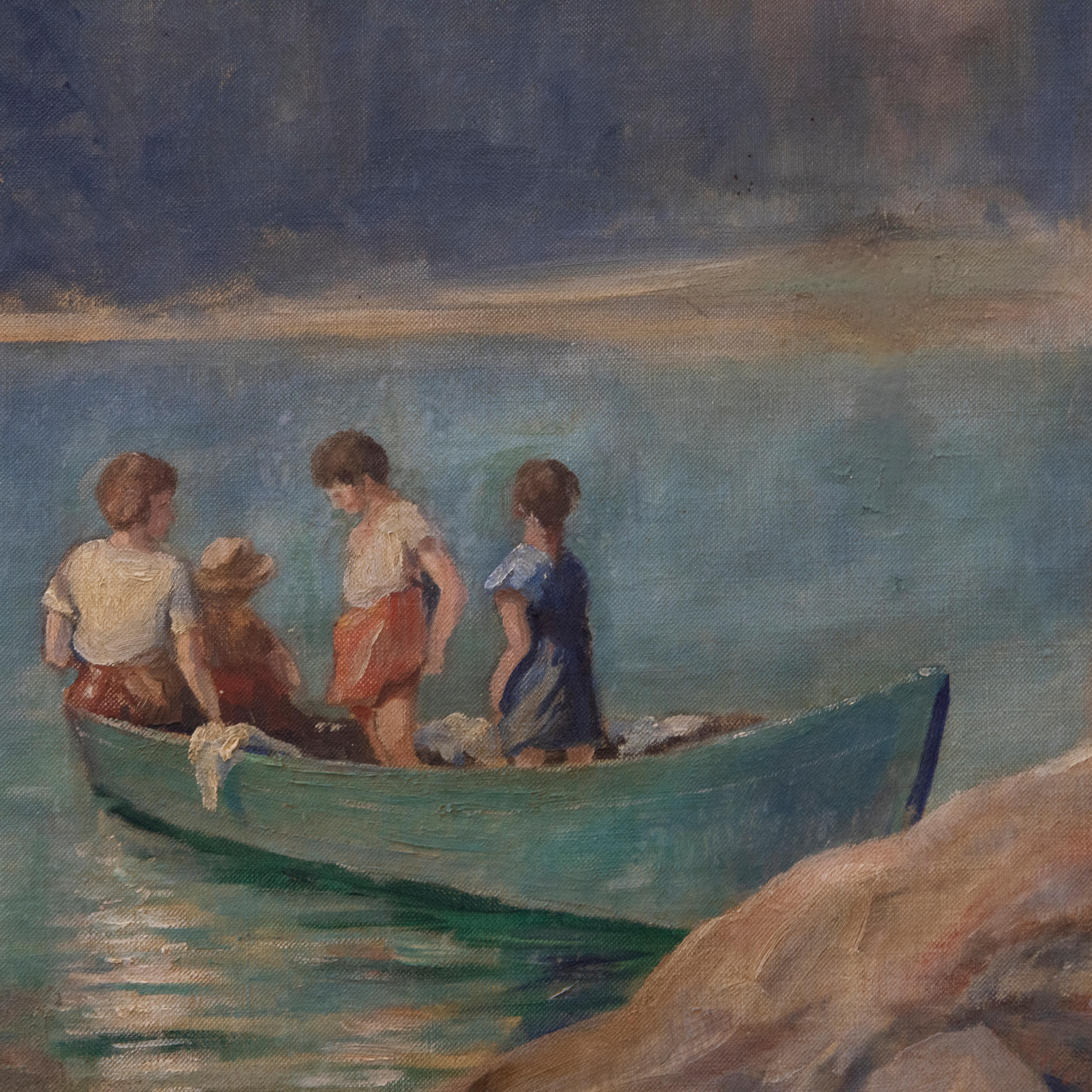 Clement du Pontet - French  Mid 20th Century Oil, Children Boating on a Lake 1