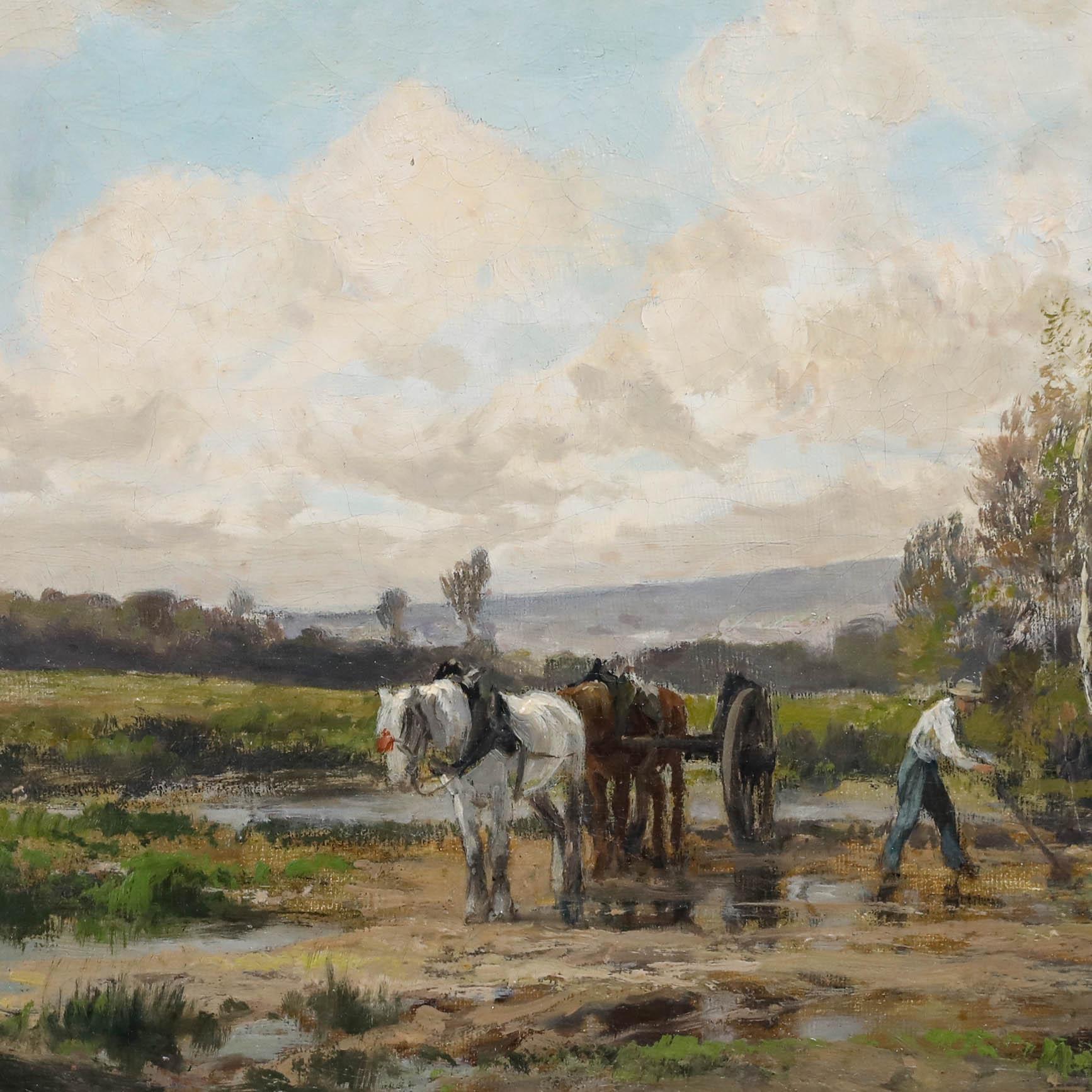 A fine and picturesque study of a farmer and his horses in a sun-drenched field, capturing a moment of quiet industry beneath a wide, open sky. The artist's confident brushwork lends a sense of texture and movement to the scene, particularly in the