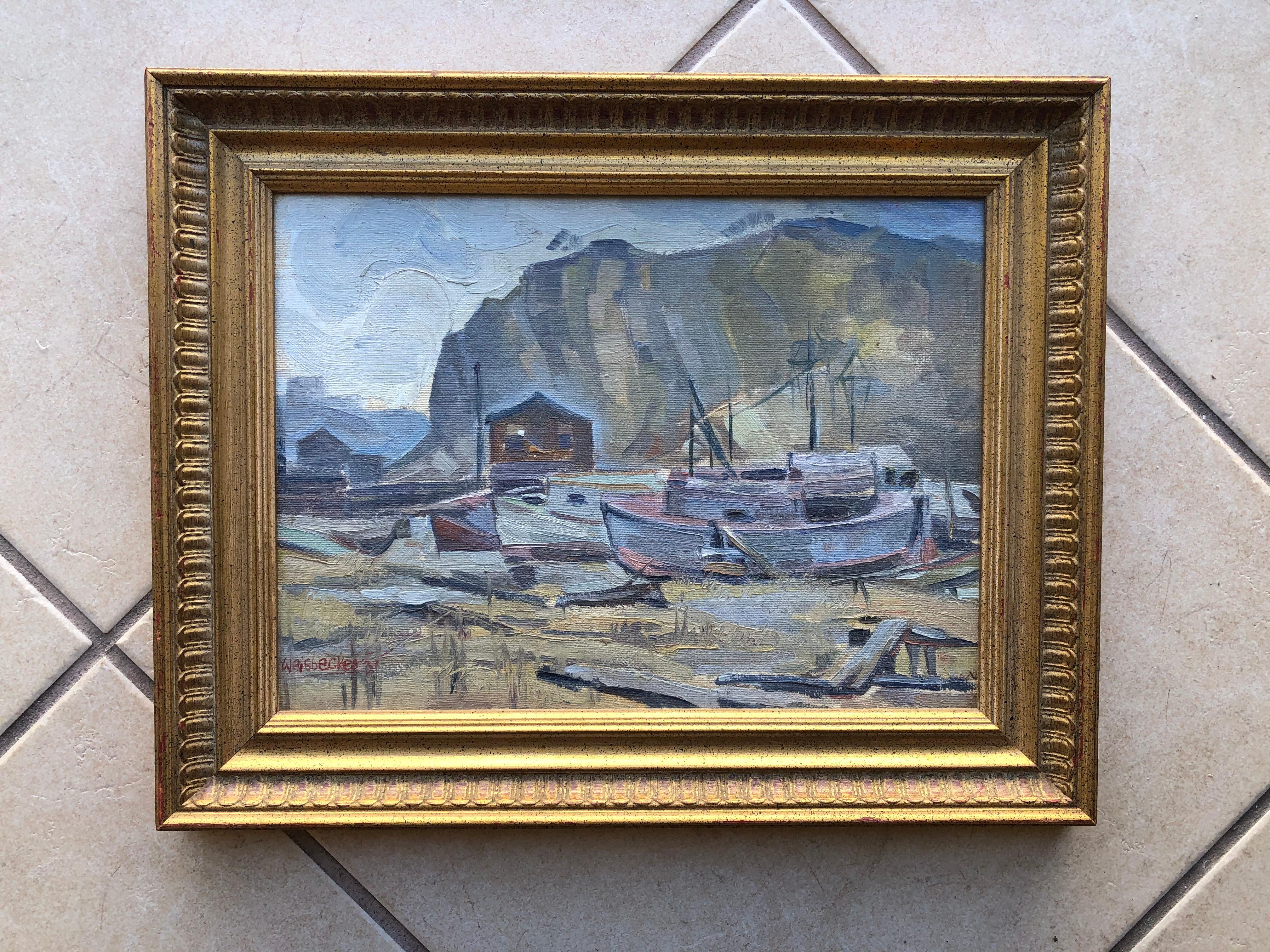 Clement Weisbecker New York Boat Yard - Impressionist Painting by Unknown