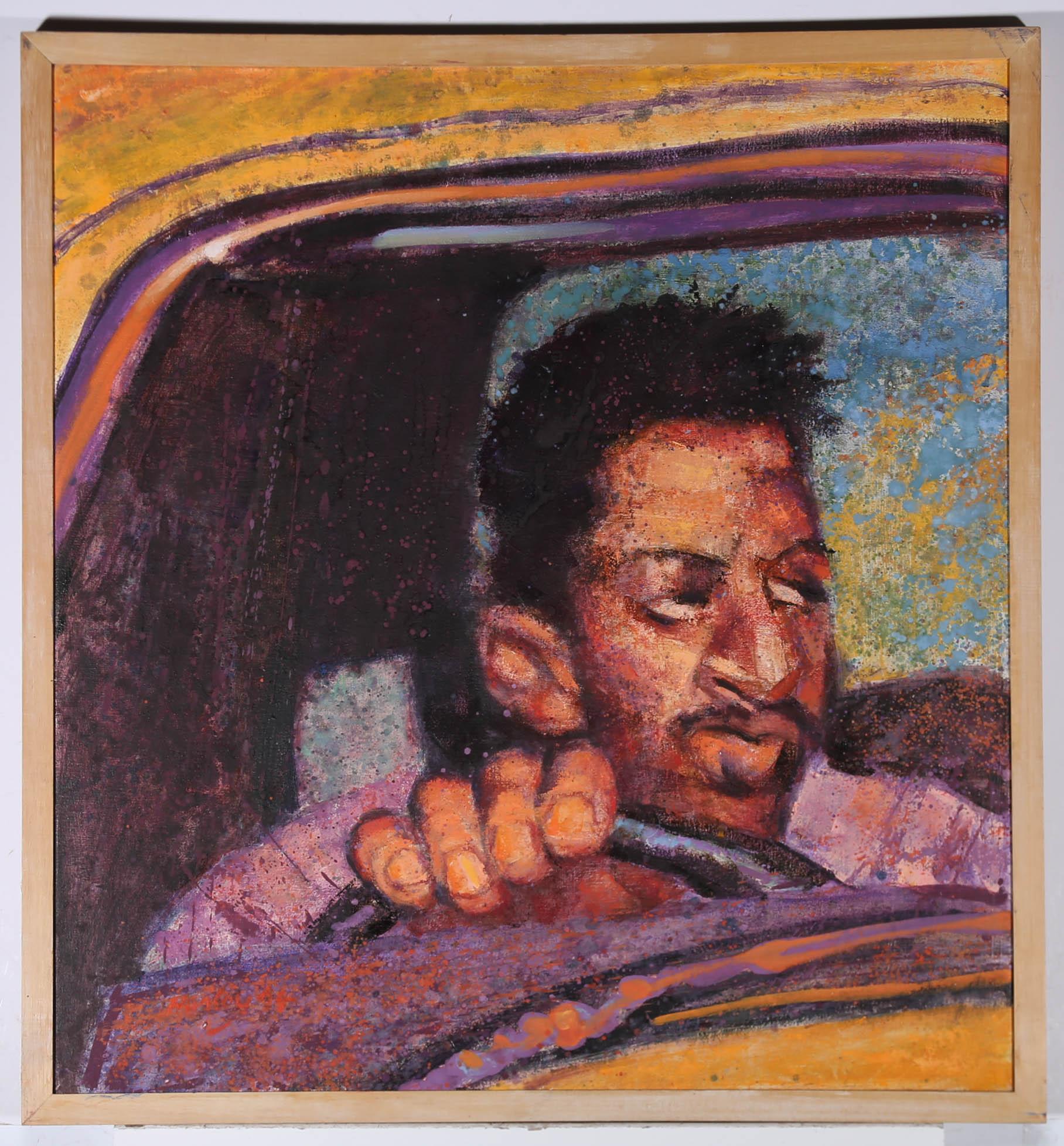 A striking portrait depicting a man in the driver's seat of a car. he clutches the steering wheel in one hand and looks towards the passenger side. Captured in vivid colours in an expressive style. Signed and dated to the lower left. Titled to the