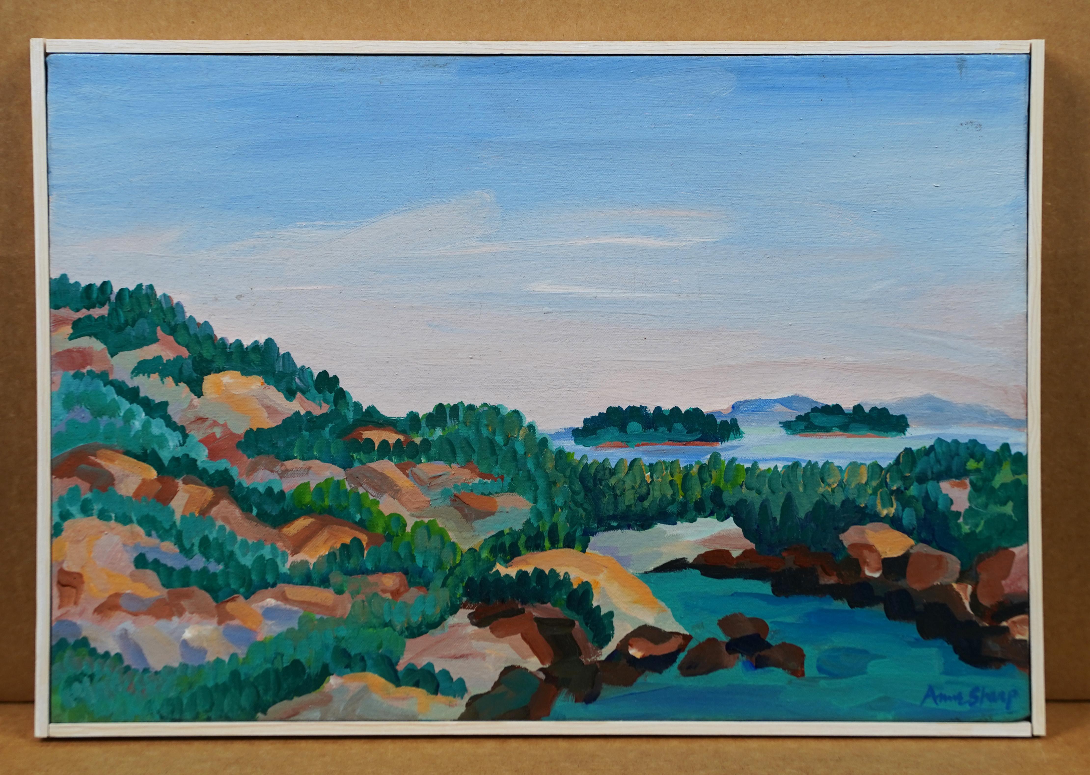 Scogliere costiere del Maine Scuola americana modernista Pittura ad olio originale incorniciata - Painting Astratto di Unknown