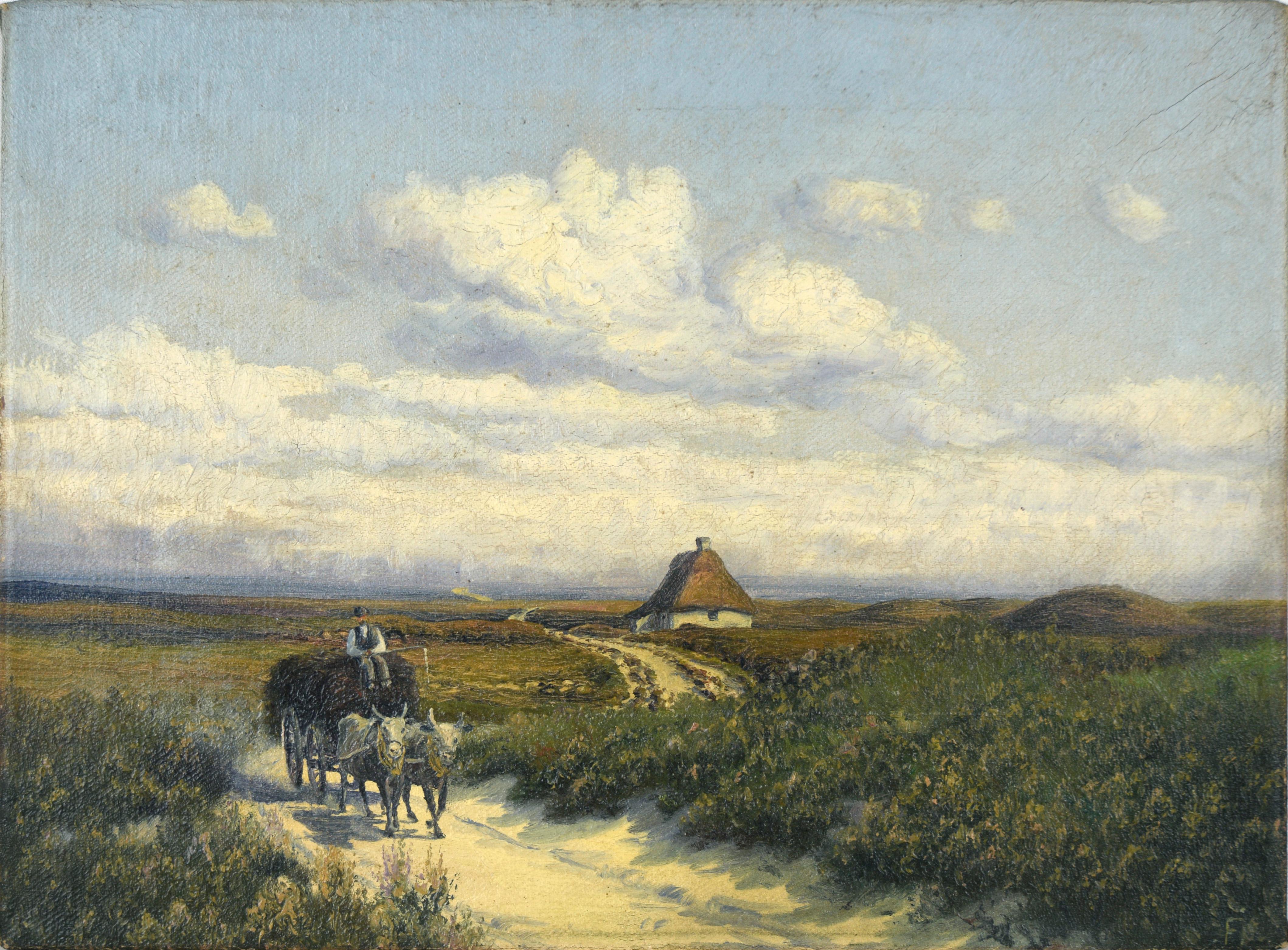 Küstenlandschaft mit Pferdewagen - Antikes Original-Ölgemälde – Painting von Unknown
