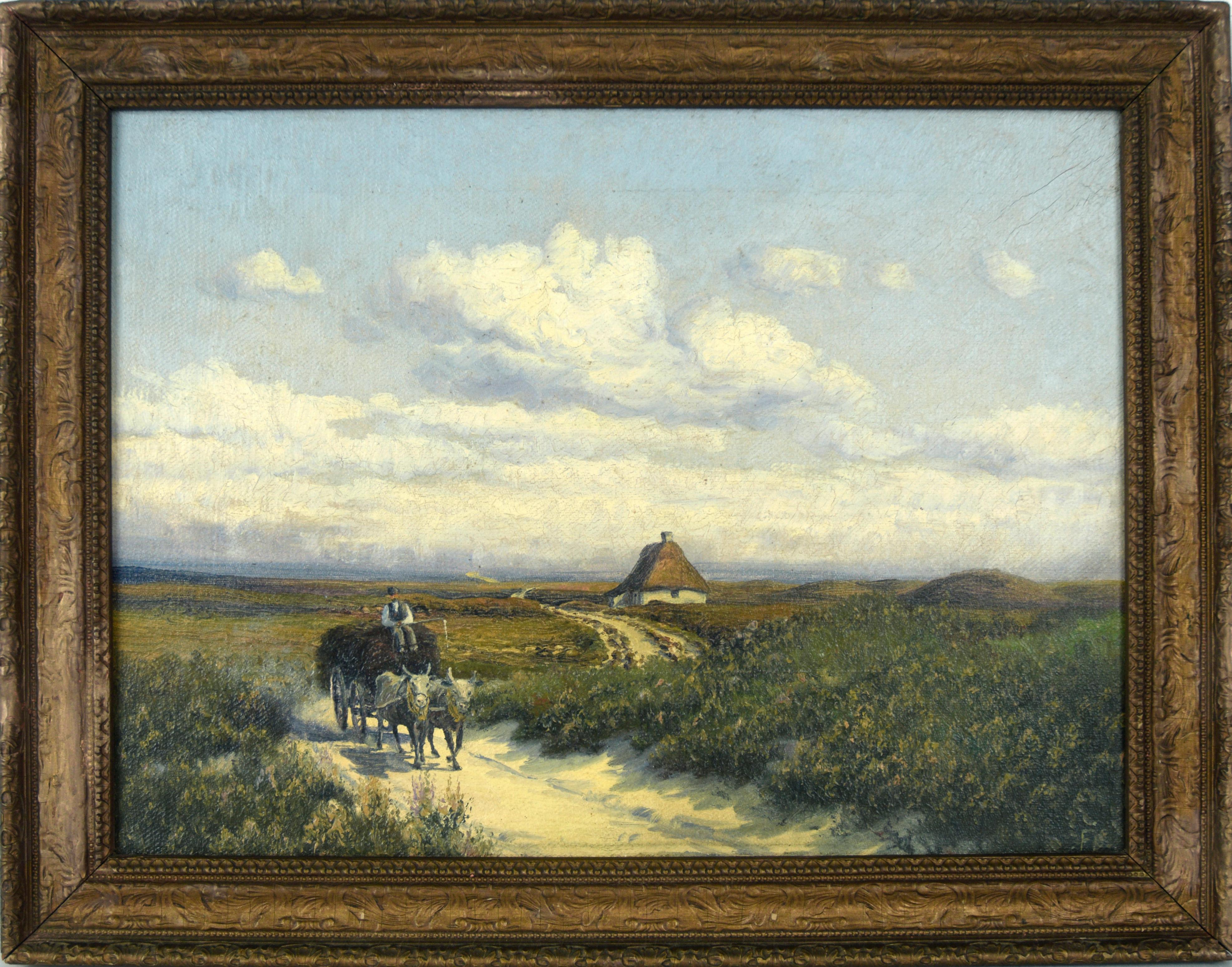 Küstenlandschaft mit Pferdewagen - Antikes Original-Ölgemälde