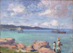 'Coastal Fishing', Mid-Century Modern Oil, Island Landscape, Cerulean Blue