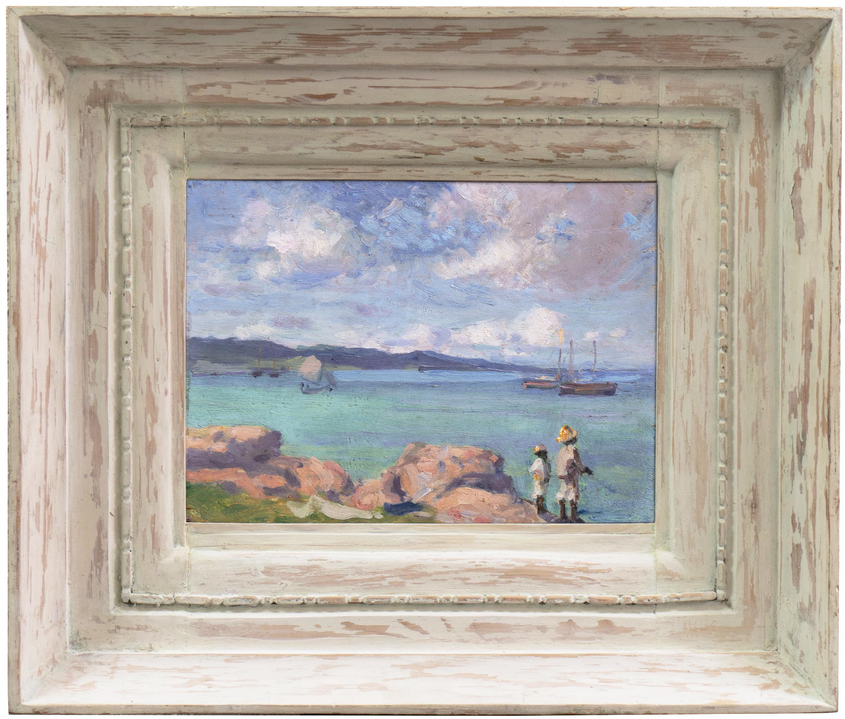 Landscape Painting de Unknown - Pesca costera", óleo moderno de mediados de siglo, paisaje isleño, azul cerúleo