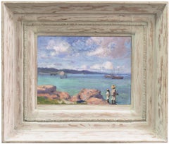 'Coastal Fishing', Mid-Century Modern Oil, Island Landscape, Cerulean Blue