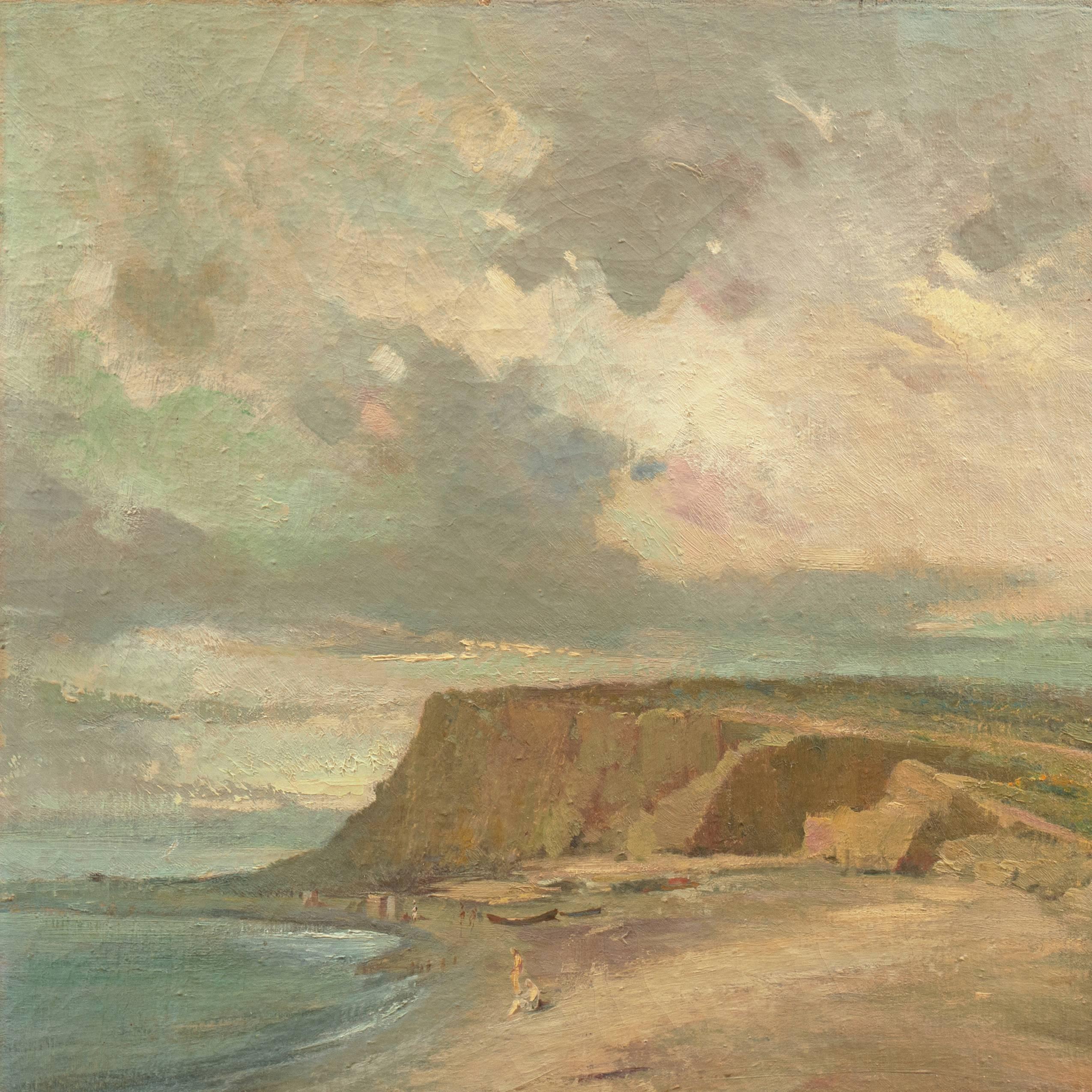 Signed lower right, 'F. Ferraro', titled indistinctly and painted circa 1925.

A panoramic coastal landscape showing a view of figures on a sandy beach with a cottage tucked into the lee of a hill. An elegant and painterly treatment with deft