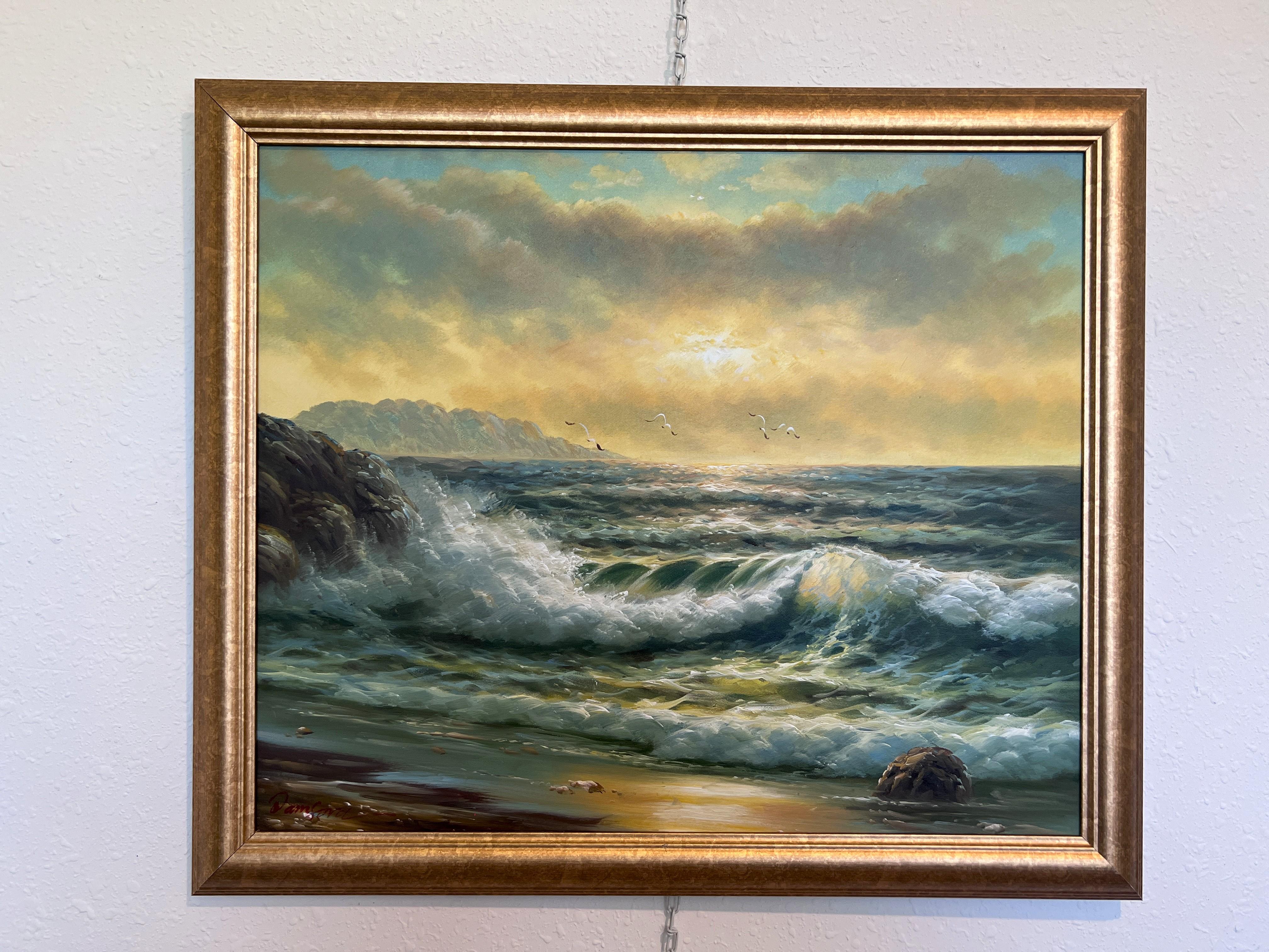 Küstenlandschaft Ölgemälde, Meereslandschaft mit Felsen und Sonnenuntergang, gerahmt, signiert – Painting von Unknown