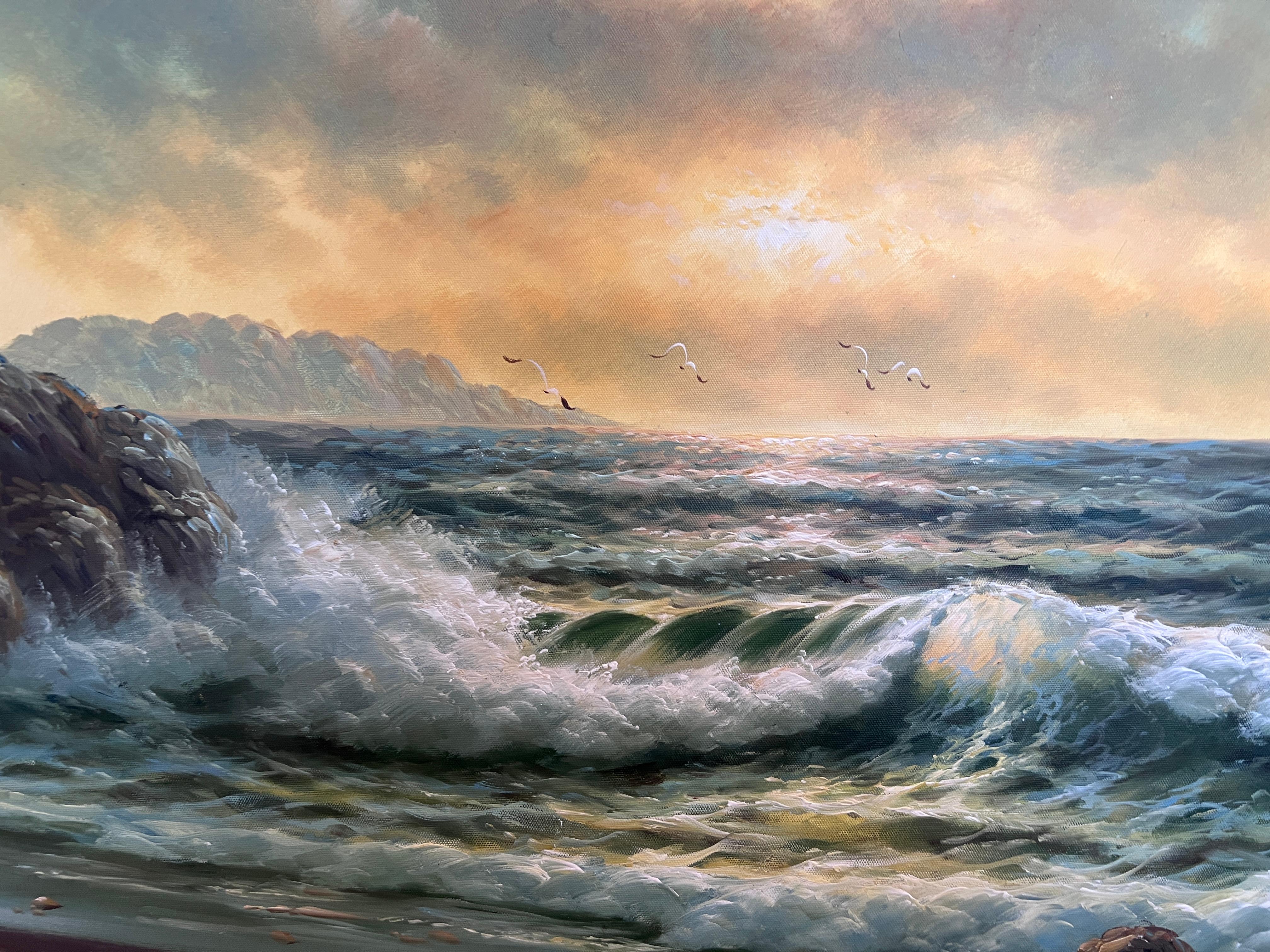 Küstenlandschaft Ölgemälde, Meereslandschaft mit Felsen und Sonnenuntergang, gerahmt, signiert (Impressionismus), Painting, von Unknown