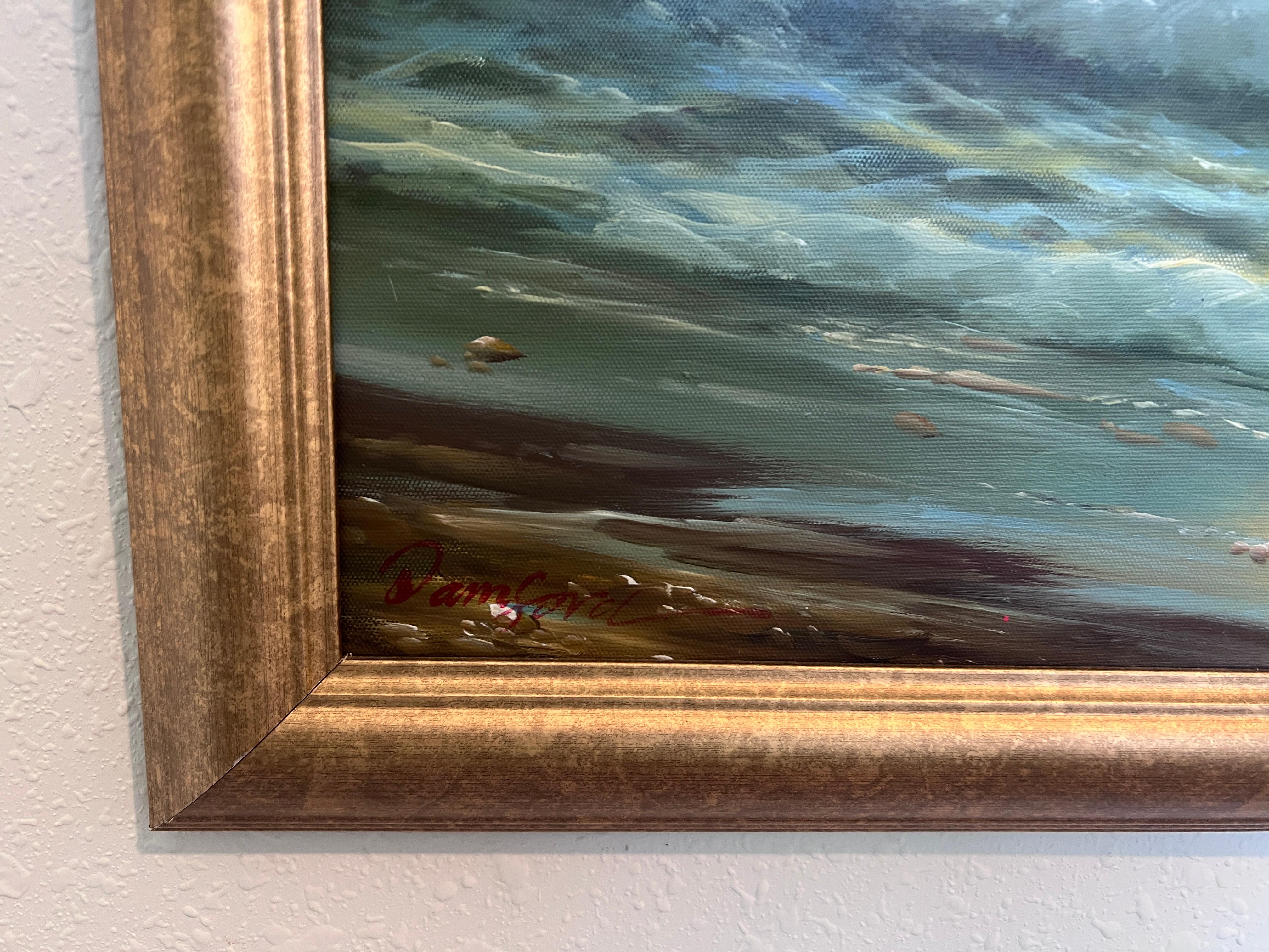 Küstenlandschaft Ölgemälde, Meereslandschaft mit Felsen und Sonnenuntergang, gerahmt, signiert (Grau), Landscape Painting, von Unknown