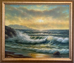 Pintura al óleo de paisaje costero, paisaje marino con rocas y puesta de sol, enmarcada, firmada