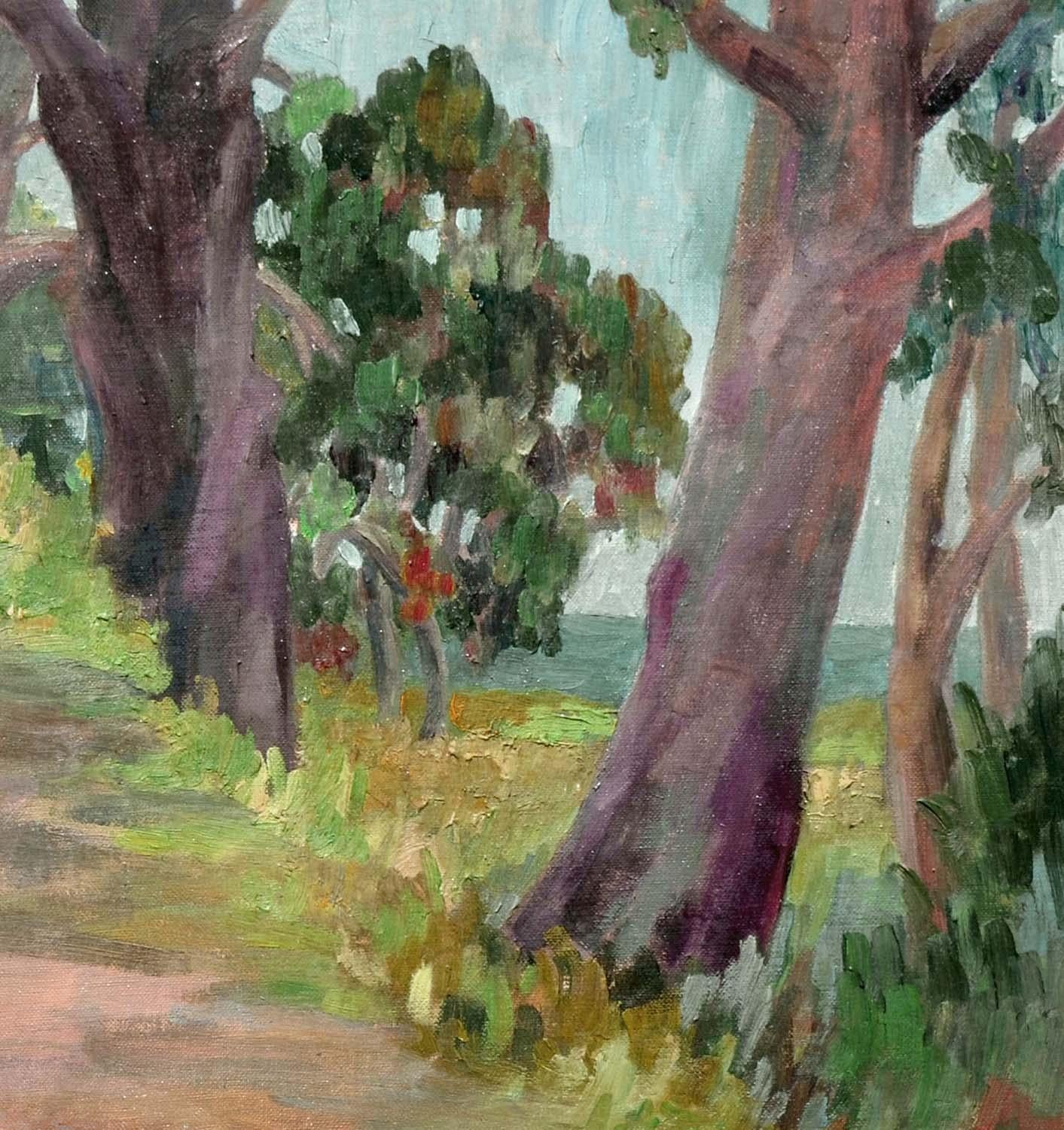 Ruhige horizontale Landschaft eines von Bäumen gesäumten Weges in Küstennähe, der zu einer malerischen Hütte führt, von einem unbekannten Künstler (Amerikaner, 20. Jahrhundert). Unsigniert und ungerahmt. Bildgröße, 15 