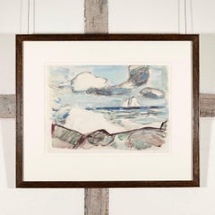 Coastal Scene with Boat (Antibes), c. 1914 - Blue + White Seascape Watercolour