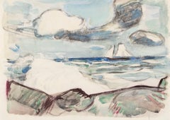 Escena costera con barco (Antibes), c. 1914 - Paisaje marino azul y blanco Acuarela