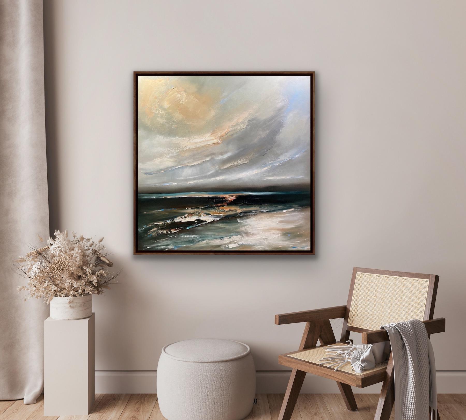 Coastal Sunset, Textured Seascape Painting, Paintings of Wales, Coastal Art - Gray Interior Painting by Unknown