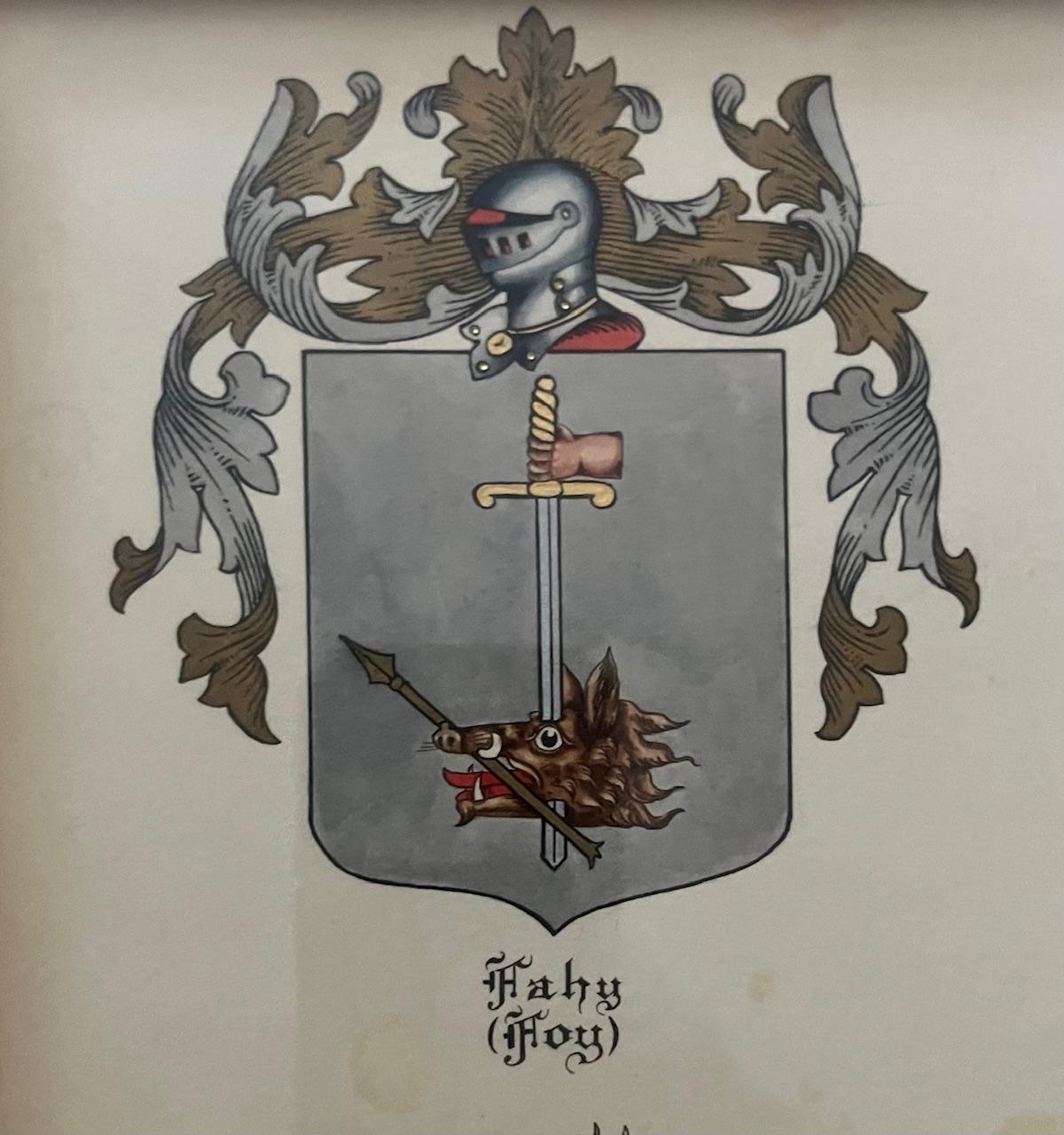 Measurements 
Gouache 16.875 x 11.75 inches sight
Framed 27 x 21.625 inches 

Original Hand painted family crests and coats of arms, c, 1920. Matted and framed under glass.

Coats of arms:

Fahy (Foy)
William The Conquerer
Cox
House of Capet