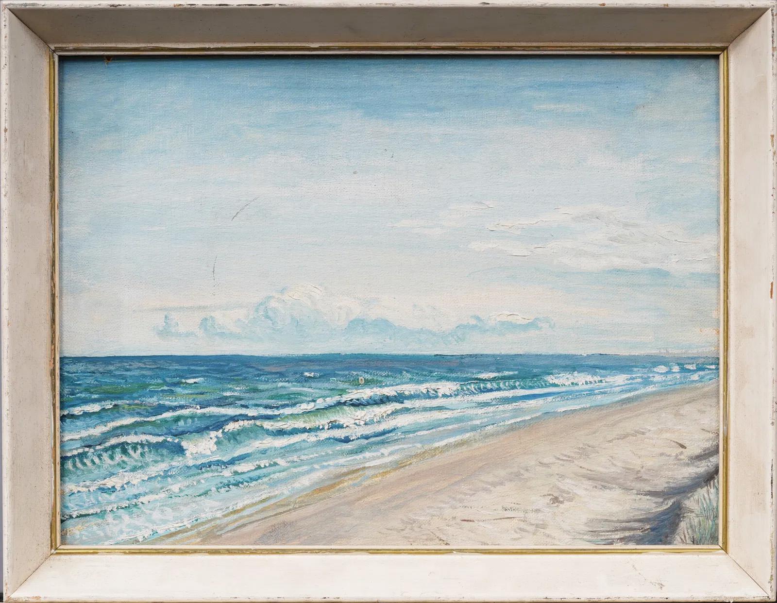Cocoa Beach Florida Verano Impresionista Playa Paisaje Marino Pintura al Óleo Antigua - Abstract Painting Gris de Unknown