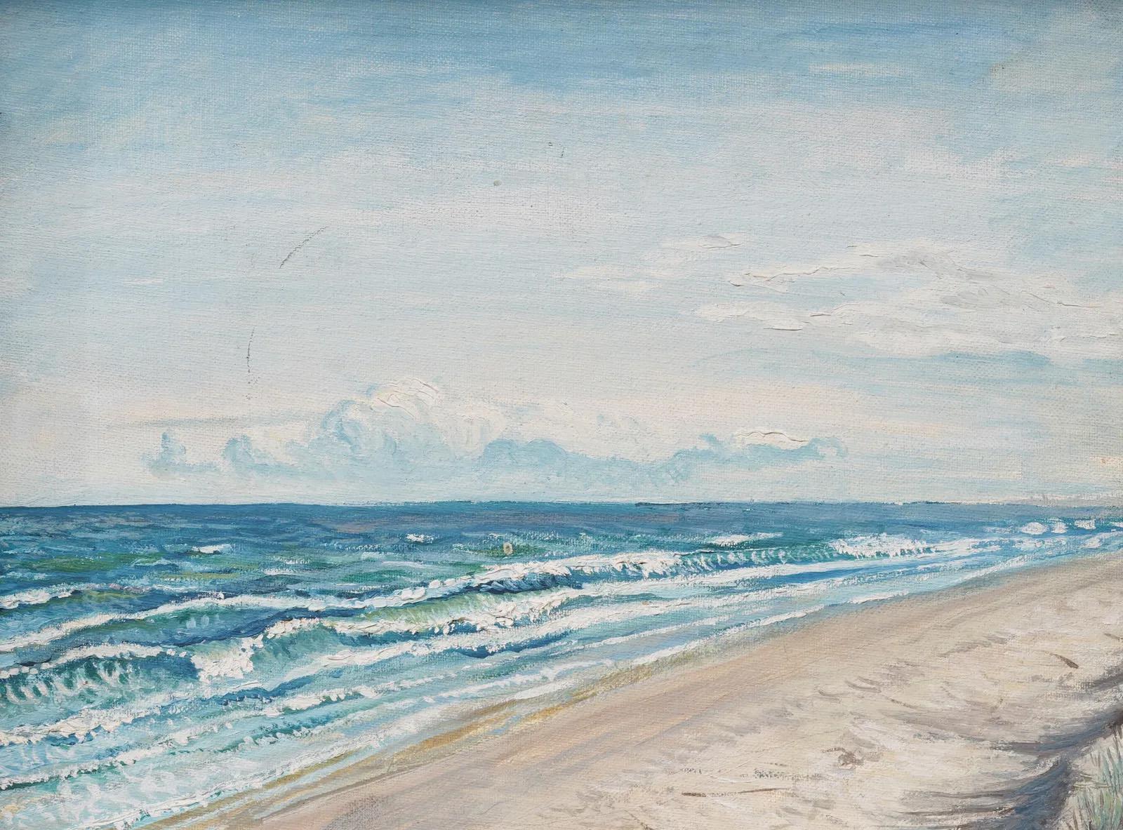 Antiguo óleo impresionista americano de paisaje marino playero. Óleo sobre lienzo. Enmarcado. Mide 11 por 14 pulgadas en total y 9 por 12 pintando solo. 