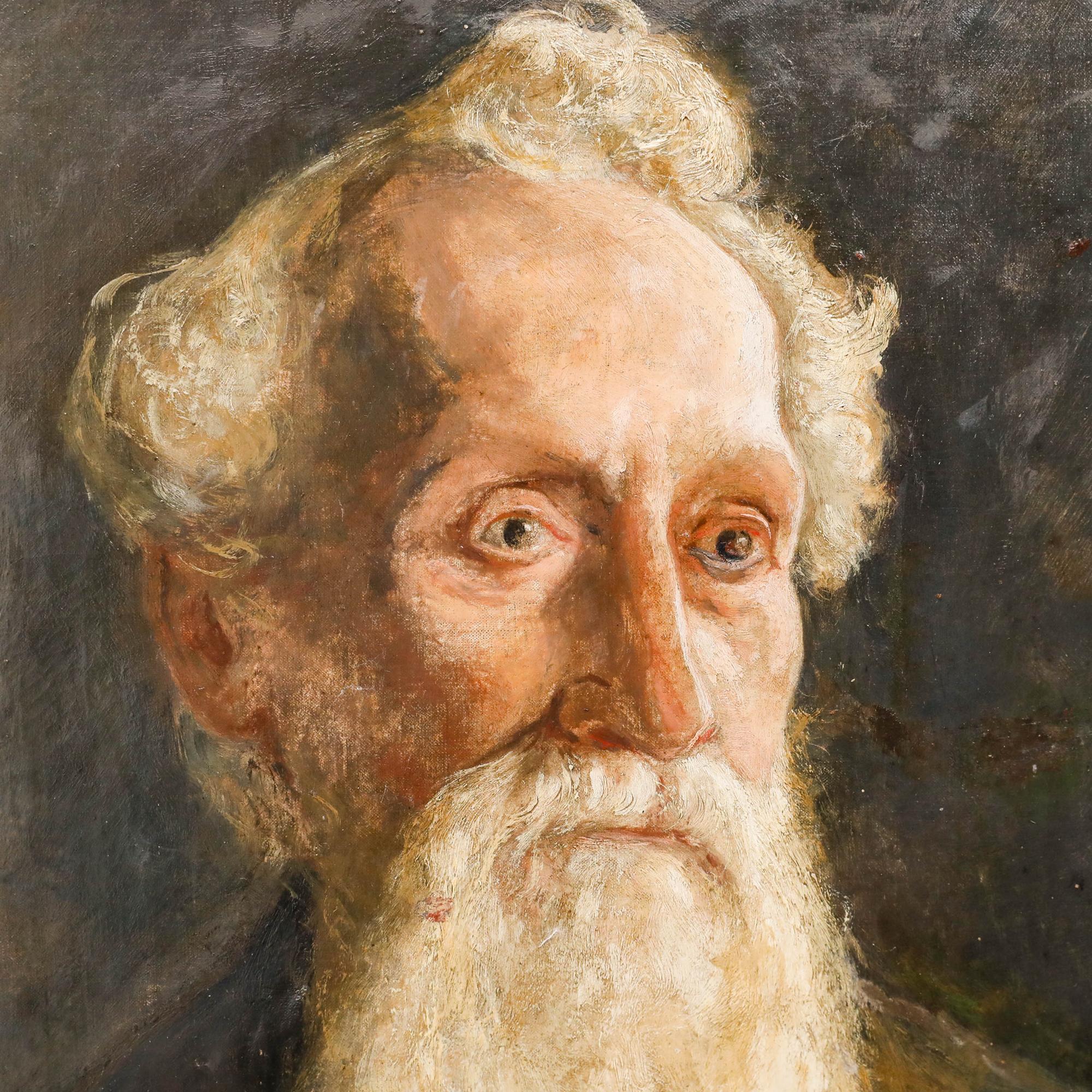 Ce portrait intime à l'huile capture un homme âgé avec des cheveux blancs distinctifs et une barbe complète. Peinte dans un style réaliste, l'œuvre met l'accent sur le caractère et la sagesse du personnage. L'arrière-plan atmosphérique et la
