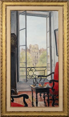 "Le café à Paris" - Trompe L'Oeil impressionniste - Vue d'intérieur - Grande peinture rare