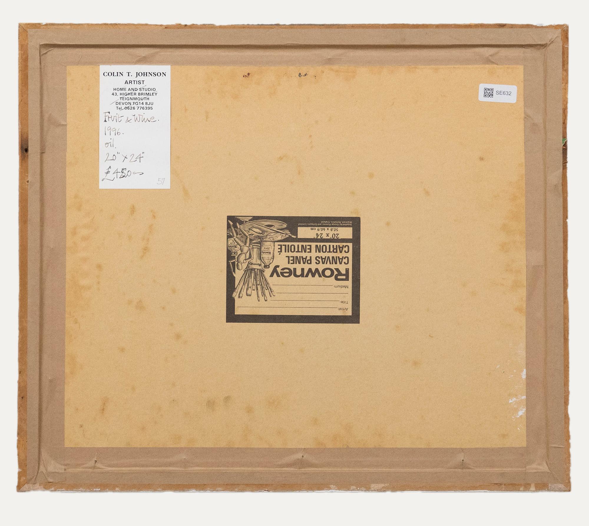 Colin Trevor Johnson (n.1942). Aceite original. Bodegón de frutas y vino. Firmado y fechado en el 96. Se presenta en un marco azul y blanco. Sobre tabla de lienzo.