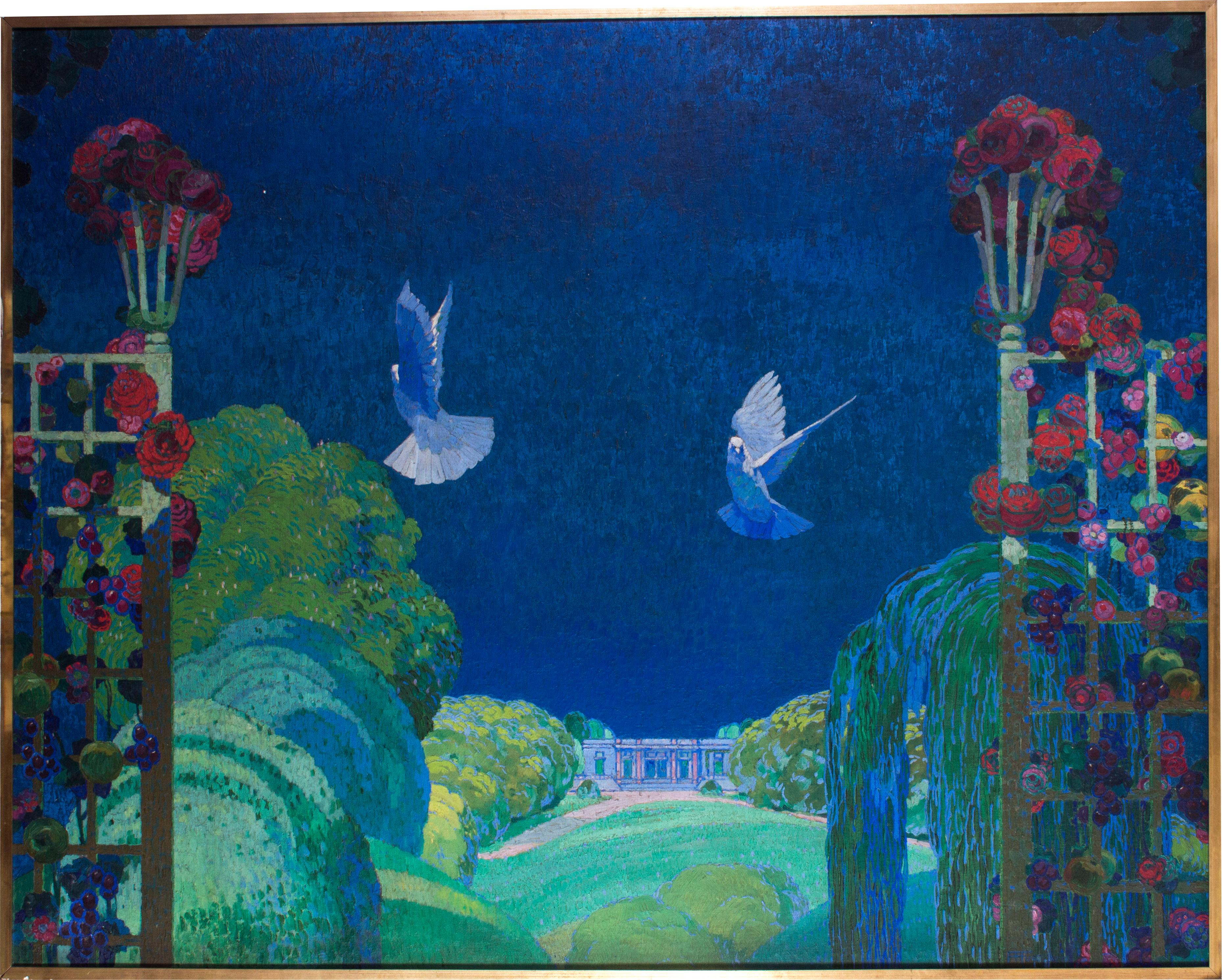 Large original French art nouveau oil painting of doves in summer time, blue 1
