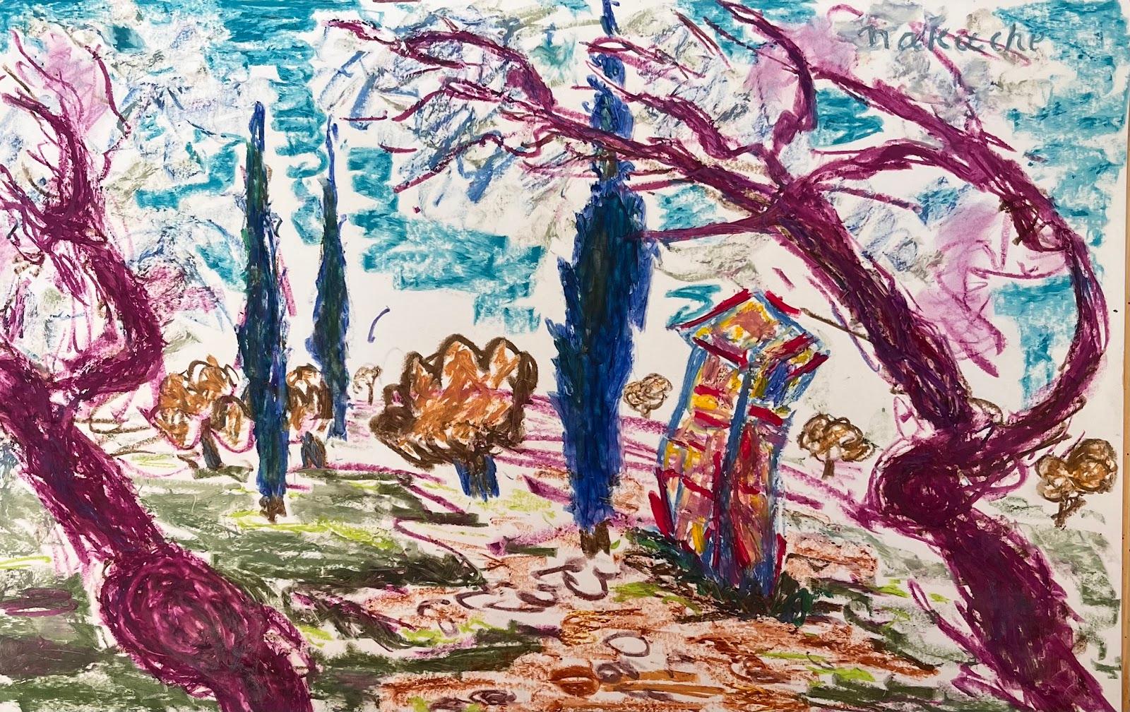 Colorida Escena Campestre con Cipreses y Cabaña - Vibrante Dibujo al Pastel - Painting de Josine Vignon