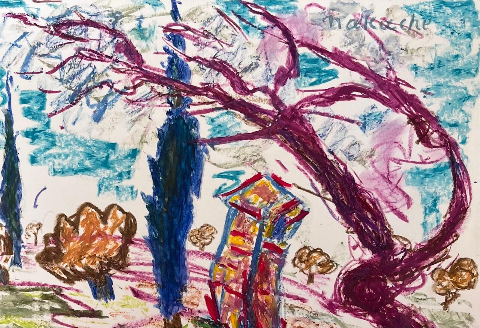 Colorida Escena Campestre con Cipreses y Cabaña - Vibrante Dibujo al Pastel - Painting Impresionista de Josine Vignon