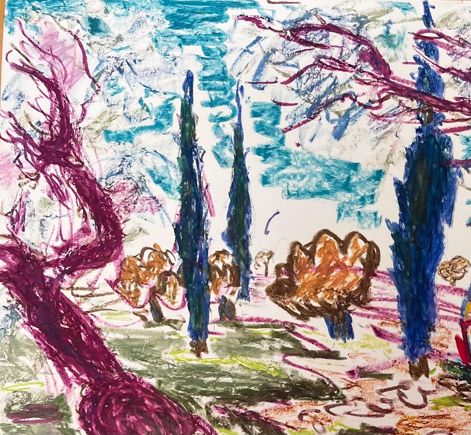 Colorida Escena Campestre con Cipreses y Cabaña - Vibrante Dibujo al Pastel - Landscape Painting Beige de Josine Vignon