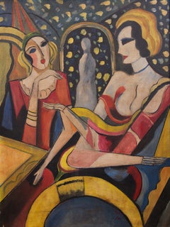 Colorful Fauvist Oil Painting Ladies at the Cafe Mid 20th Century