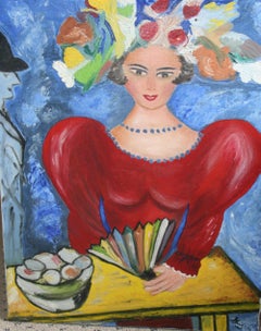 Colorful Fauvist Oil Painting of Woman in Red Dress, Circa 1970s