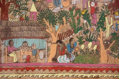 Colorful Green and Red Mexican Amate Folk Art Figurative Landscape Painting