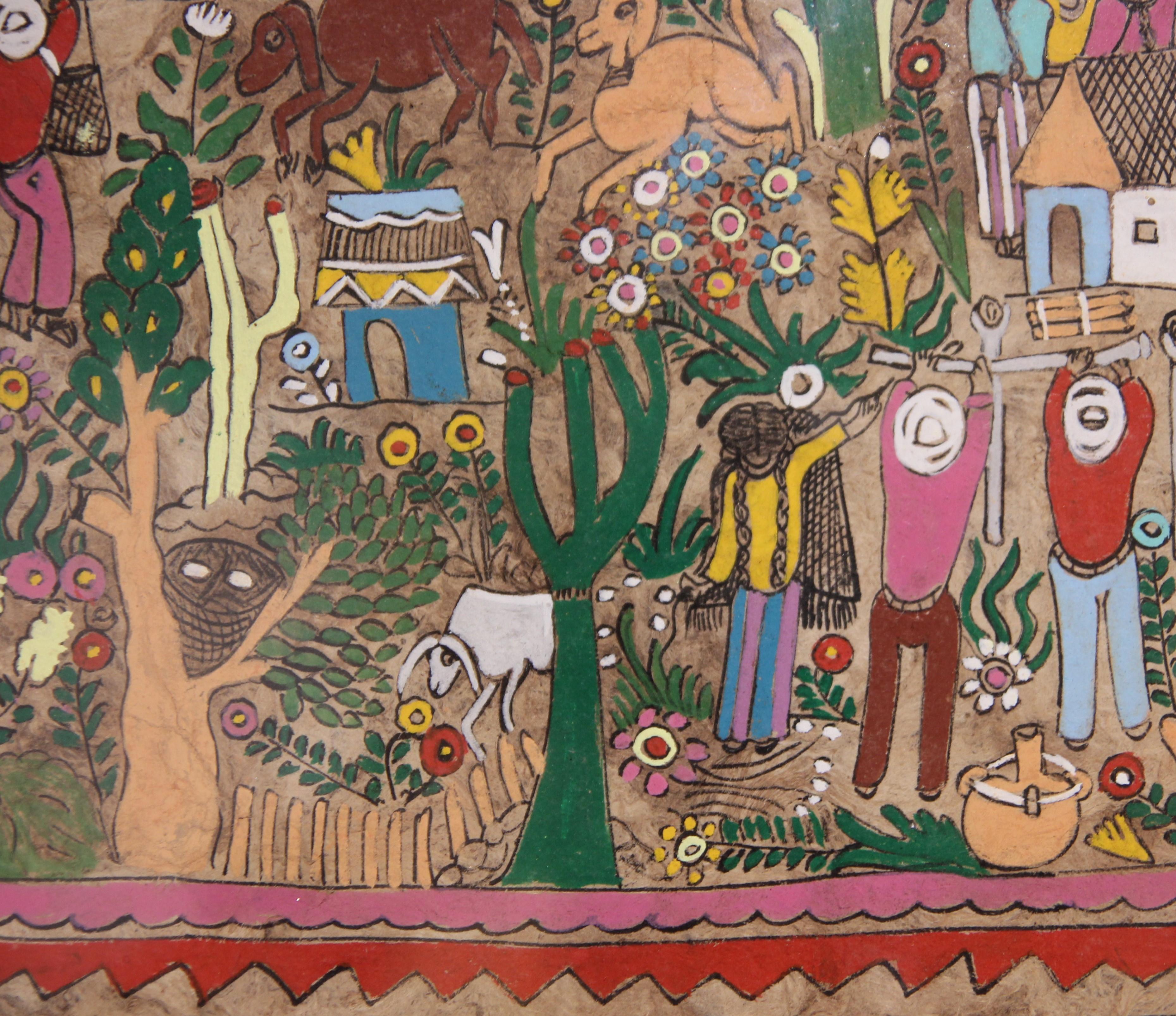 Richly hued Mexican Amate (bark) folk art painting depicting a village with animated people, plants, and animals. Matted and framed in a gold sturdy metal frame.

Dimensions Without Frame: H 16 in. x W 20 in. 