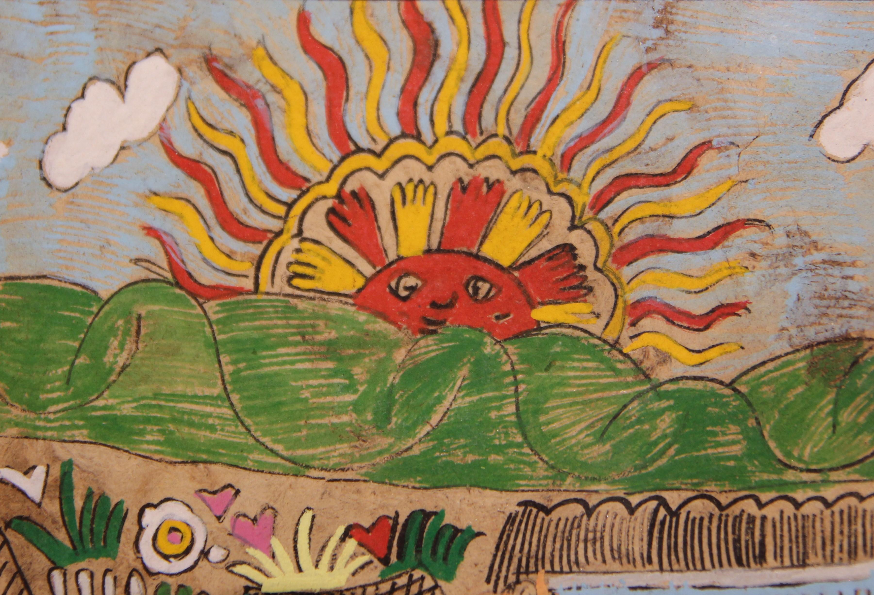 Colorful Green and Red Mexican Amate Folk Art Figurative Landscape Painting 1