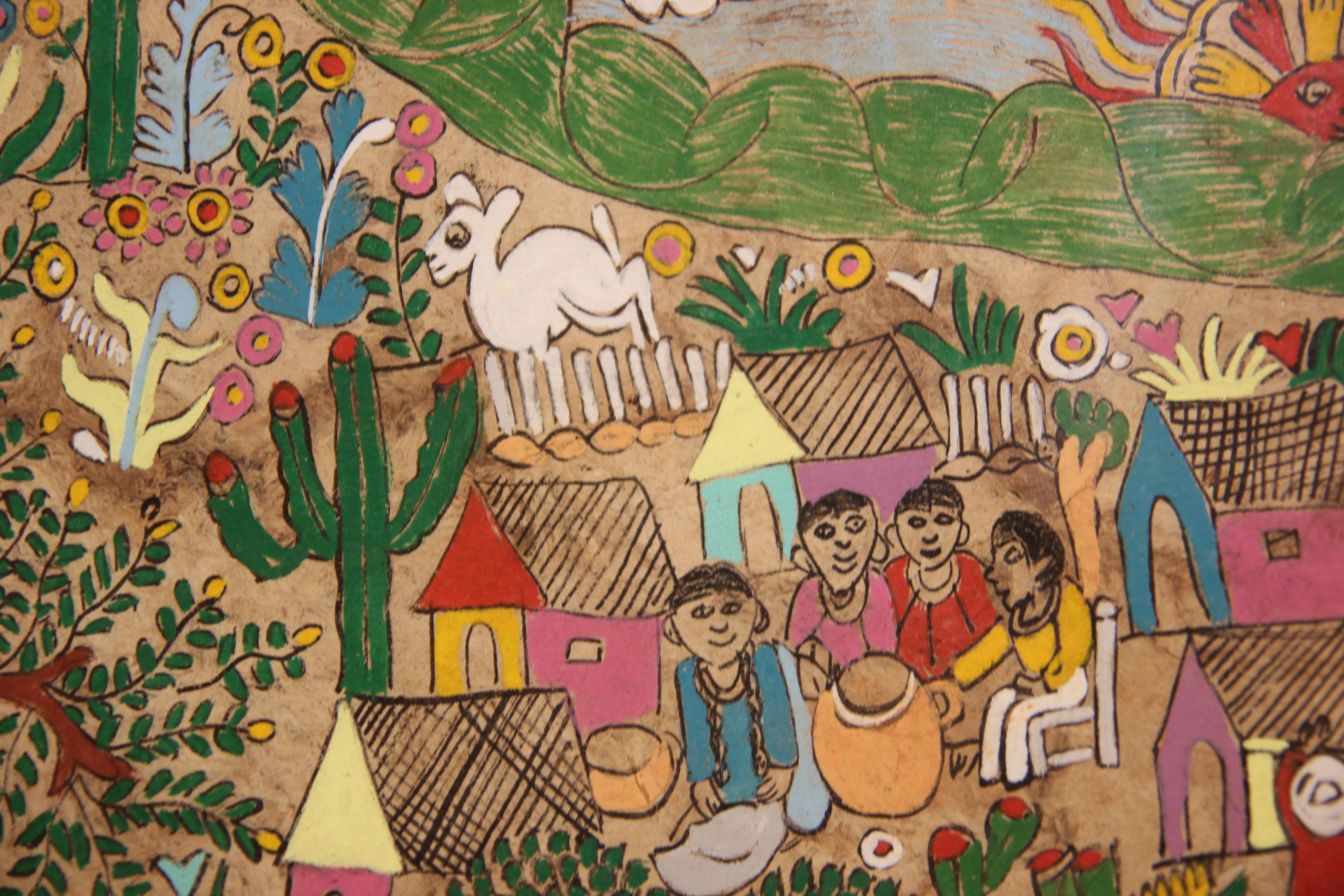 Colorful Green and Red Mexican Amate Folk Art Figurative Landscape Painting 2